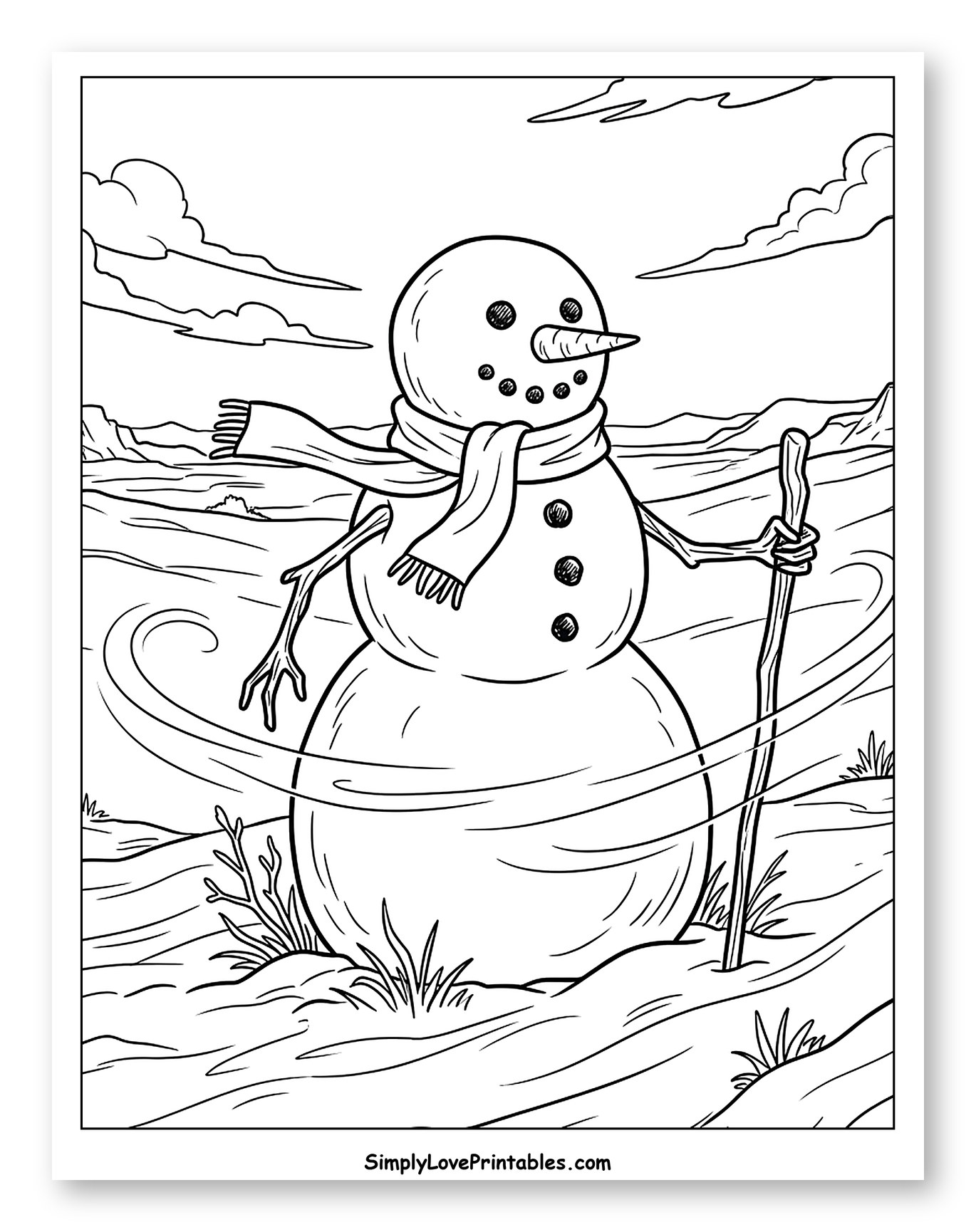 Cheerful Snowman with a Scarf and Walking Stick