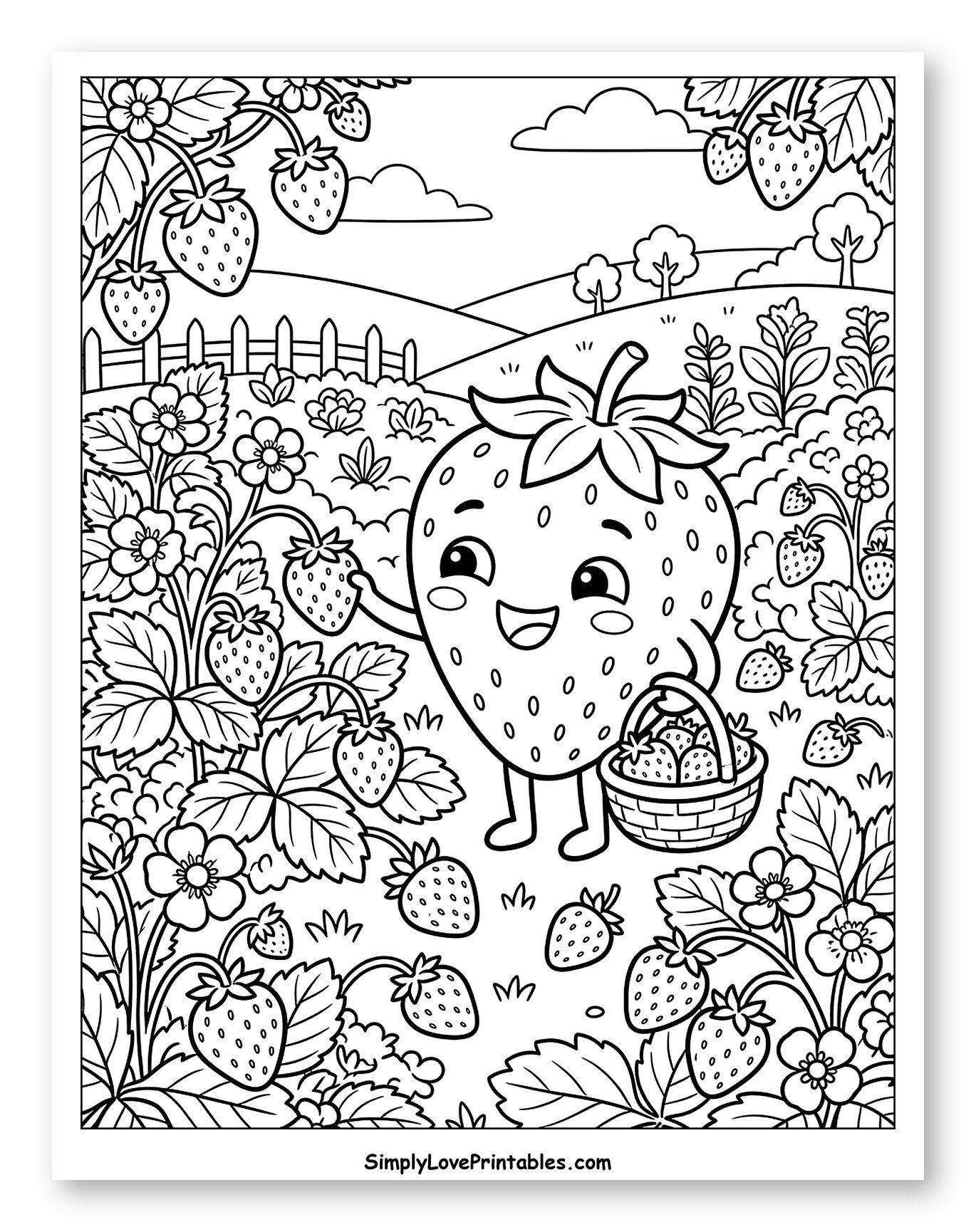 Cheerful Strawberry Character Harvesting Fruit Coloring Sheet for Kids