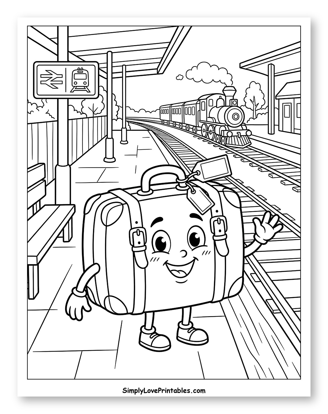 Cheerful Suitcase on a Train Platform Coloring Sheet for Kids