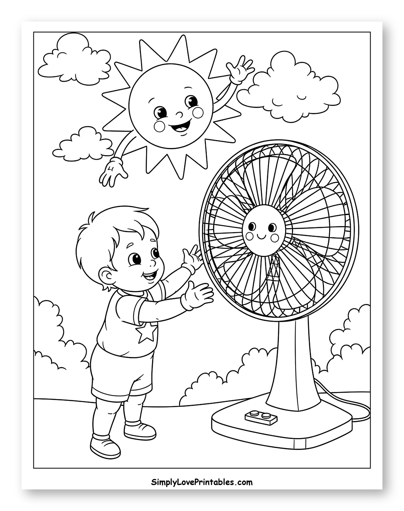 Cheerful Sun, Boy, and Fan Friends Coloring Sheet for Toddlers