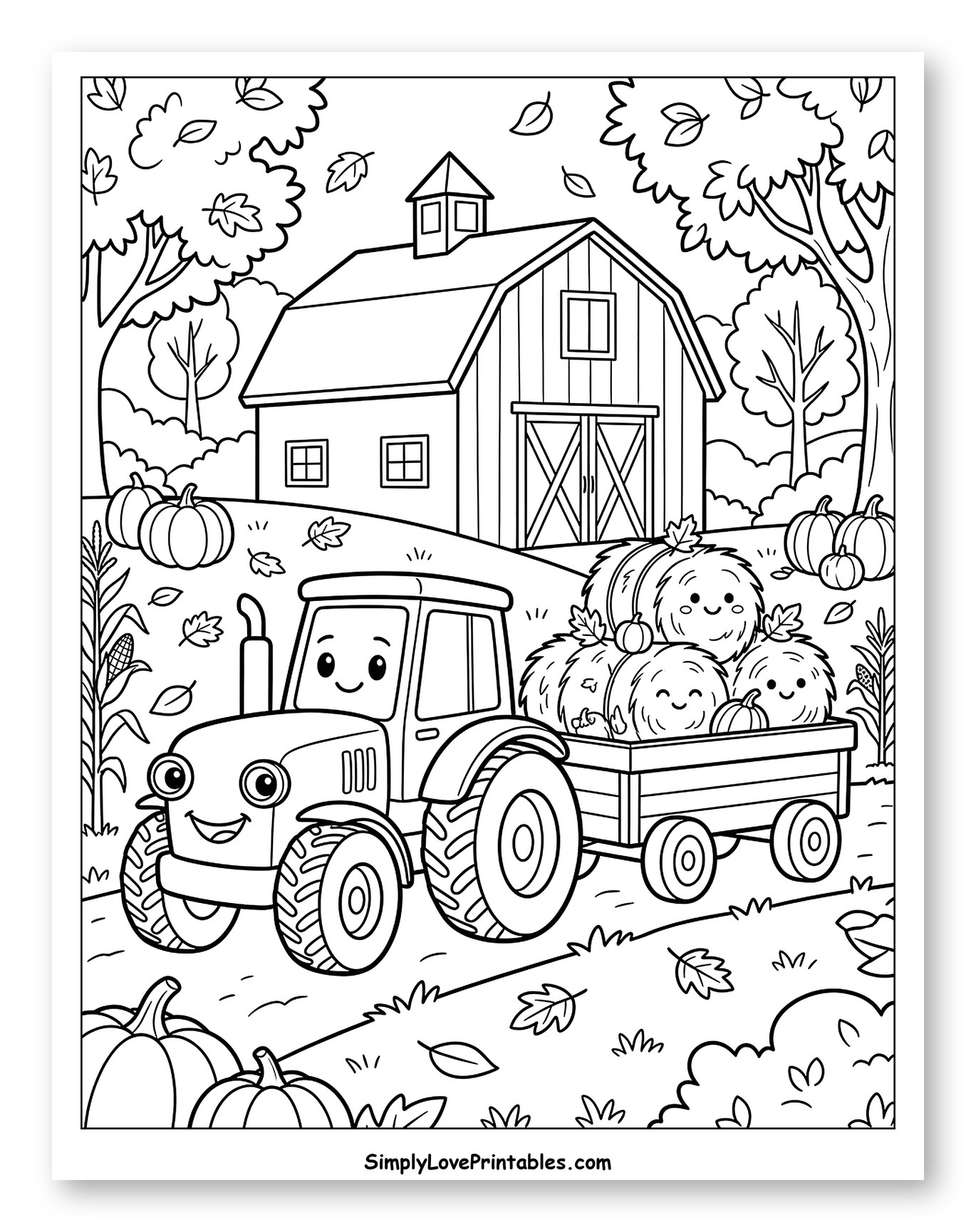 Cheerful Tractor Hauling Hay Bales by the Barn
