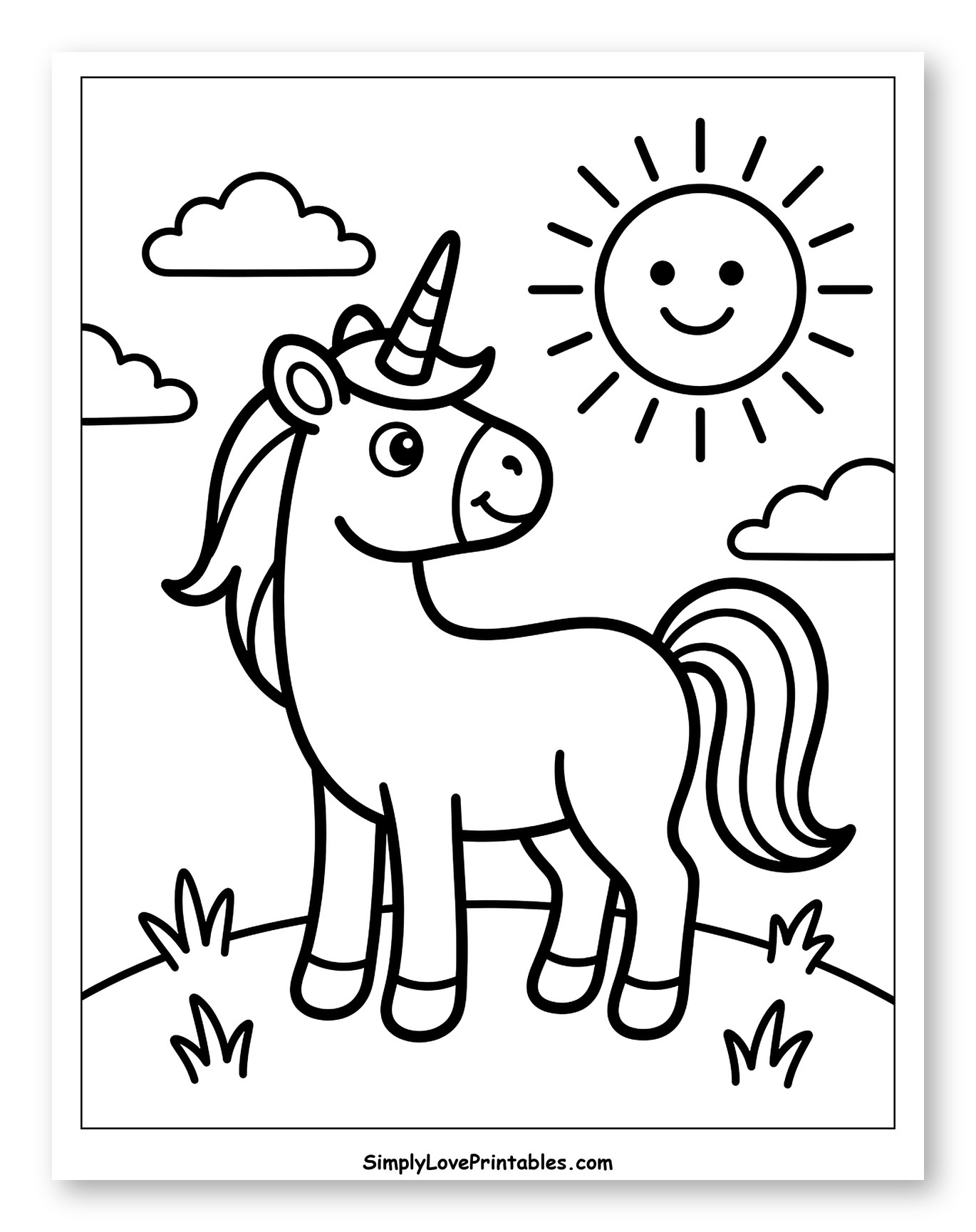 Cheerful Unicorn with Clouds and Smiling Sun