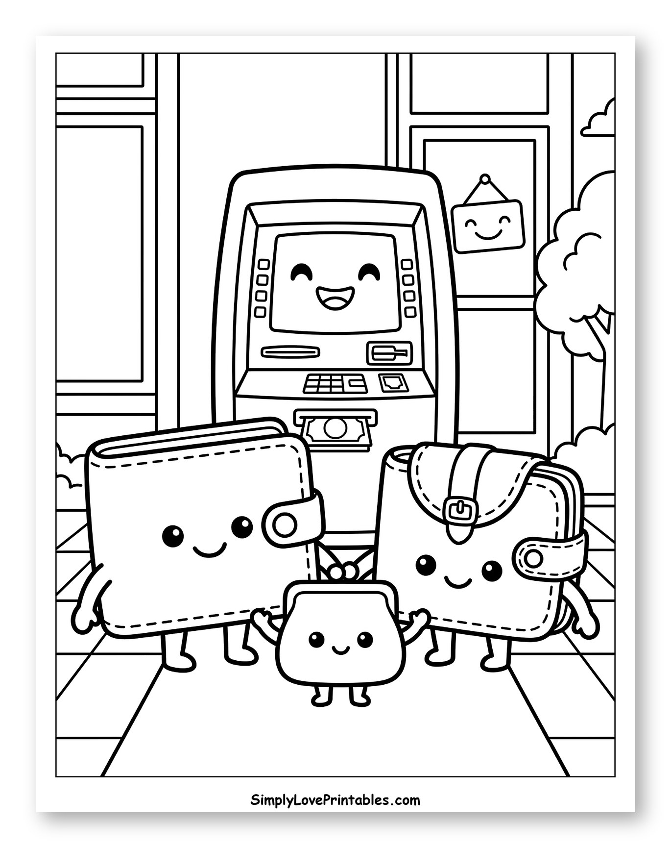 Cheerful Wallets Visiting an ATM Coloring Sheet for Kids