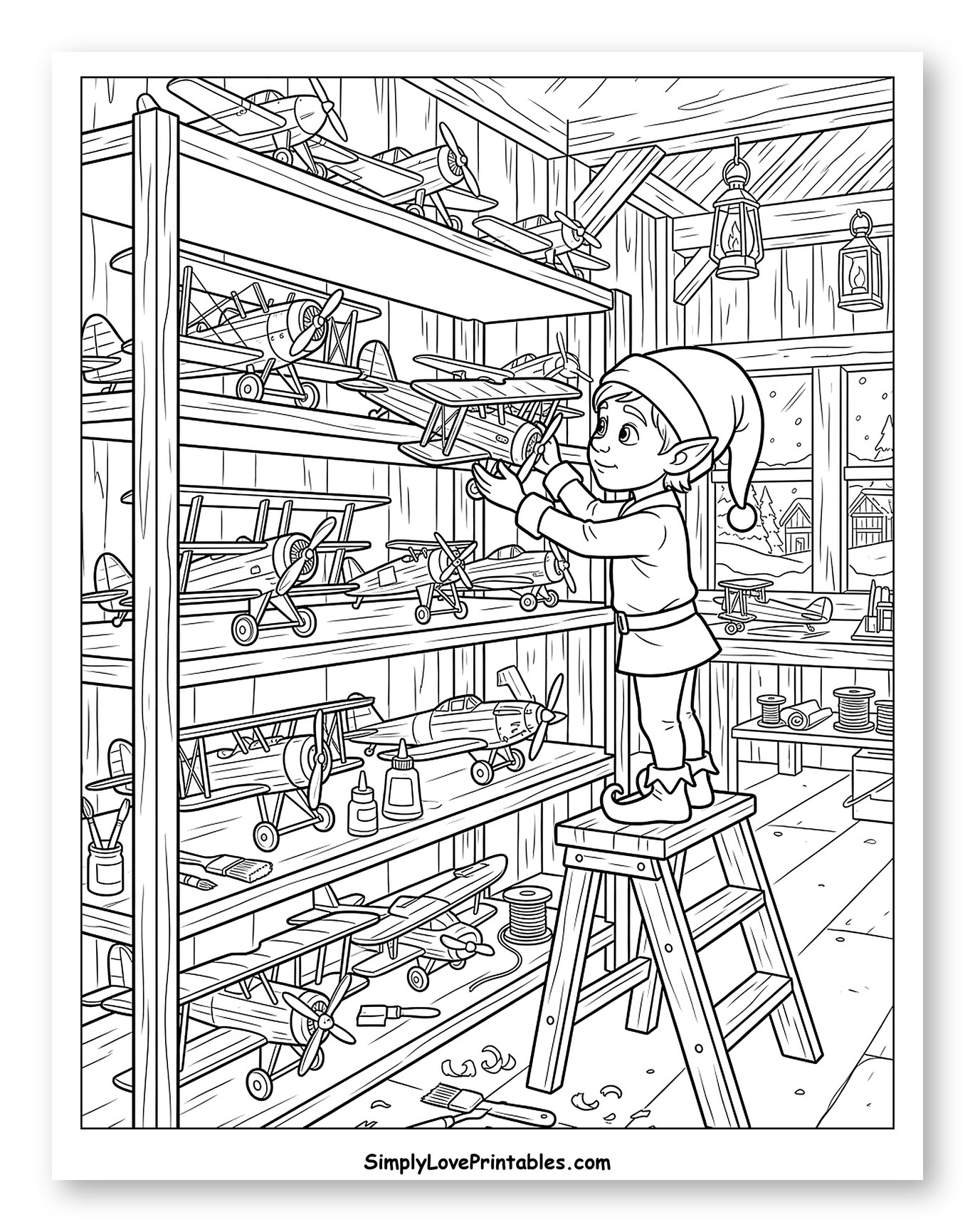 Cheerful Workshop Elf Arranging Toy Airplanes Coloring Page