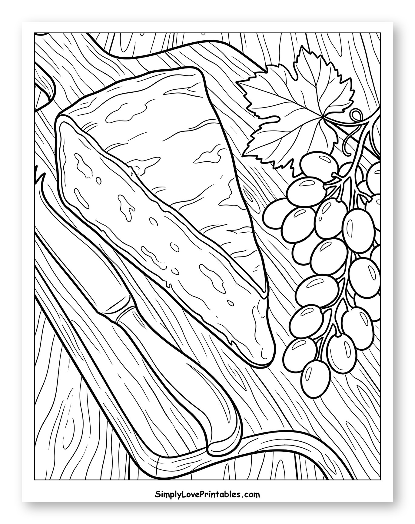 Cheese Wedge, Grapes, and Knife on Wooden Board