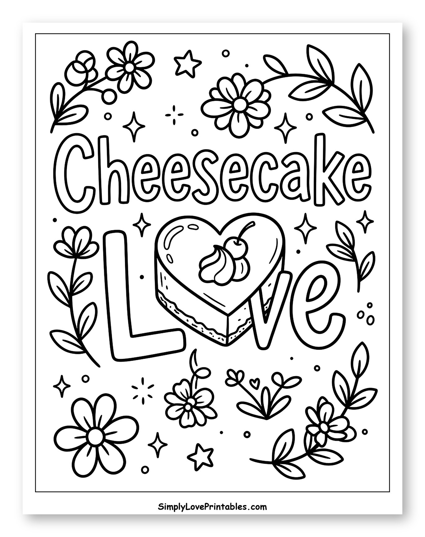 Cheesecake Love with Floral and Star Accents to Color for Adults