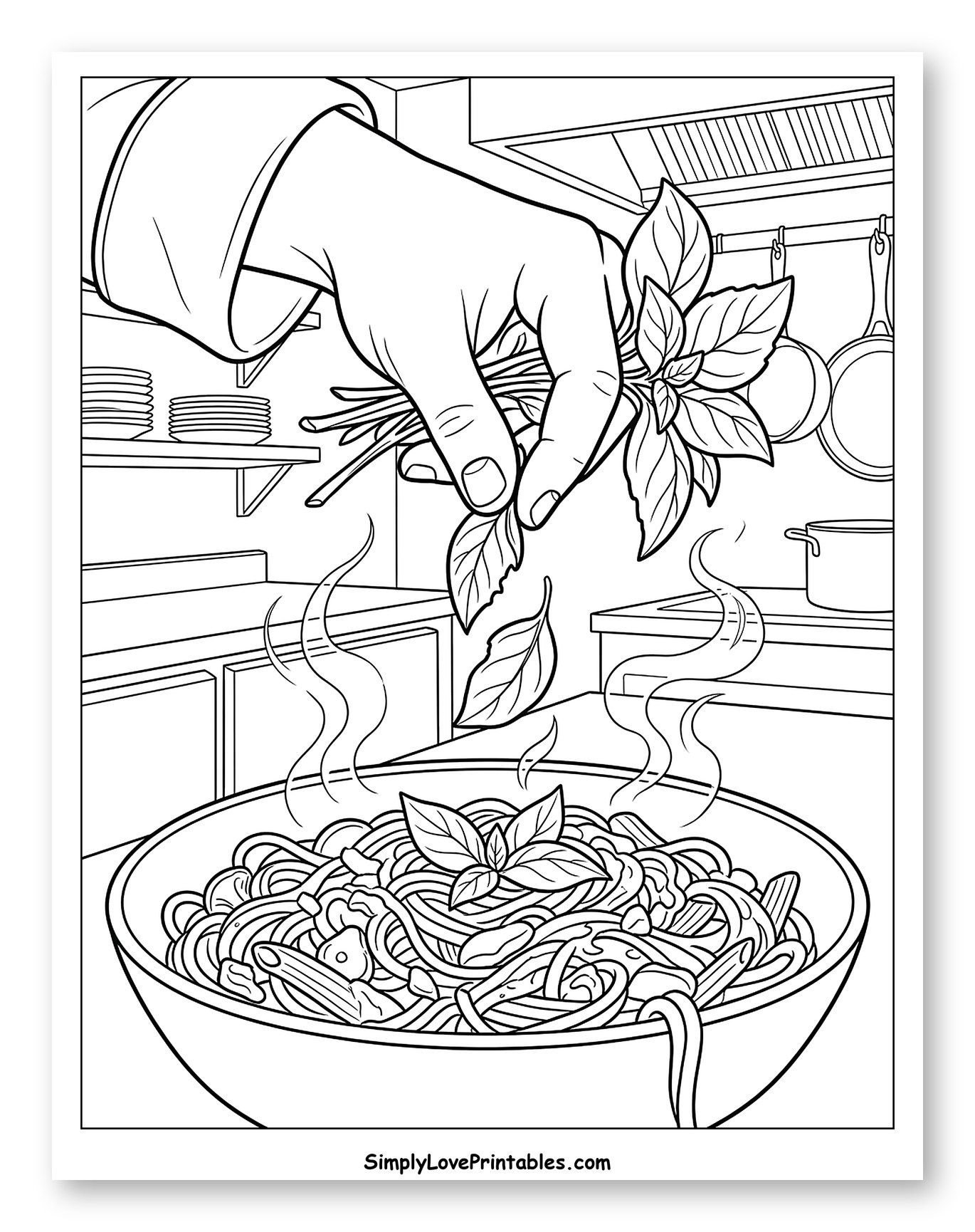 Chef Adding Fresh Basil to Hot Pasta