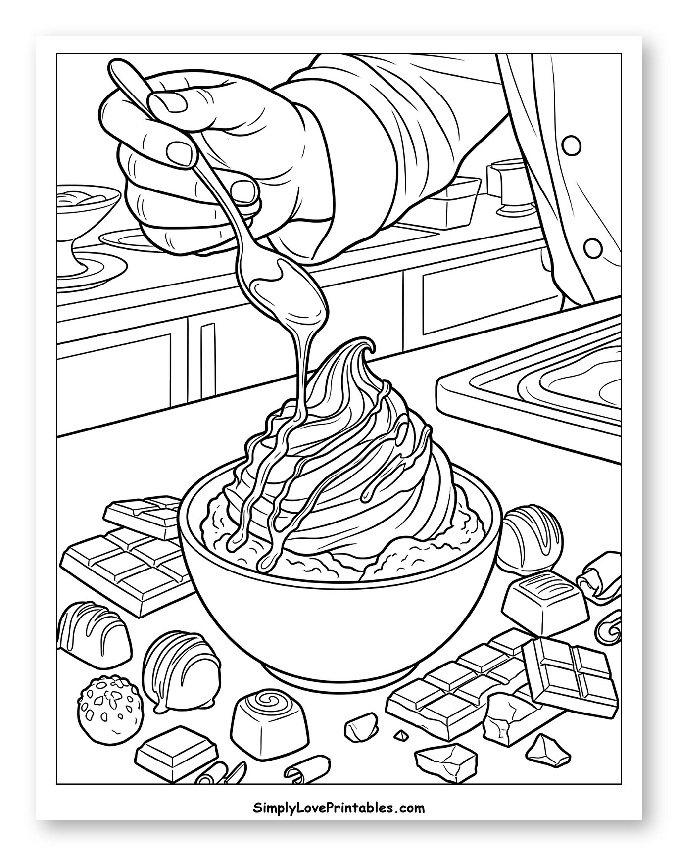 Chef Drizzling Sauce on Dessert with Chocolates Coloring Page