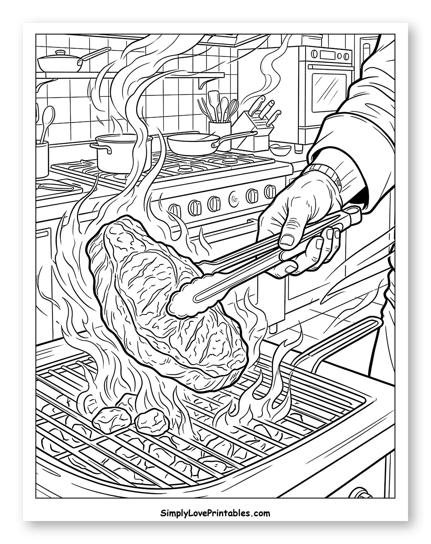 Chef Grilling Steak with Flames Coloring Sheet
