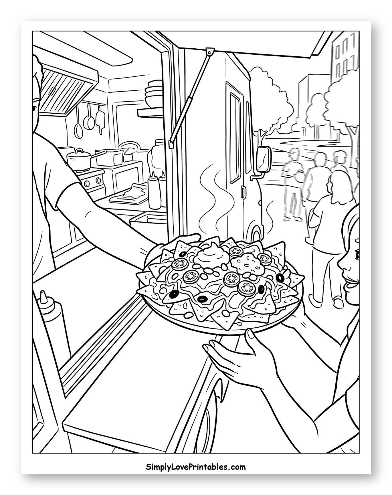 Chef in Food Truck Serving Nachos to Customer Coloring Sheet