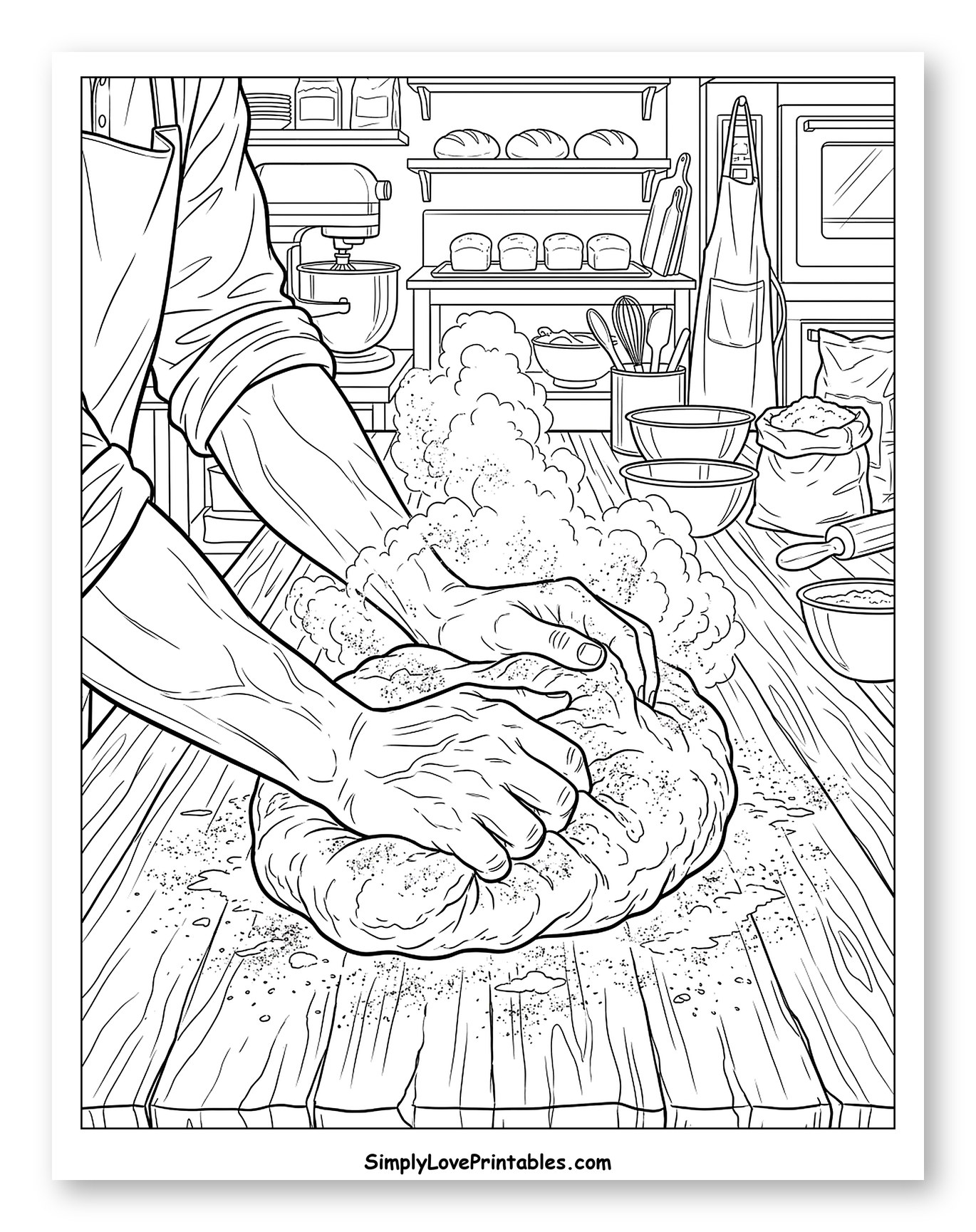 Chef Kneading Dough on a Wooden Table Coloring Page