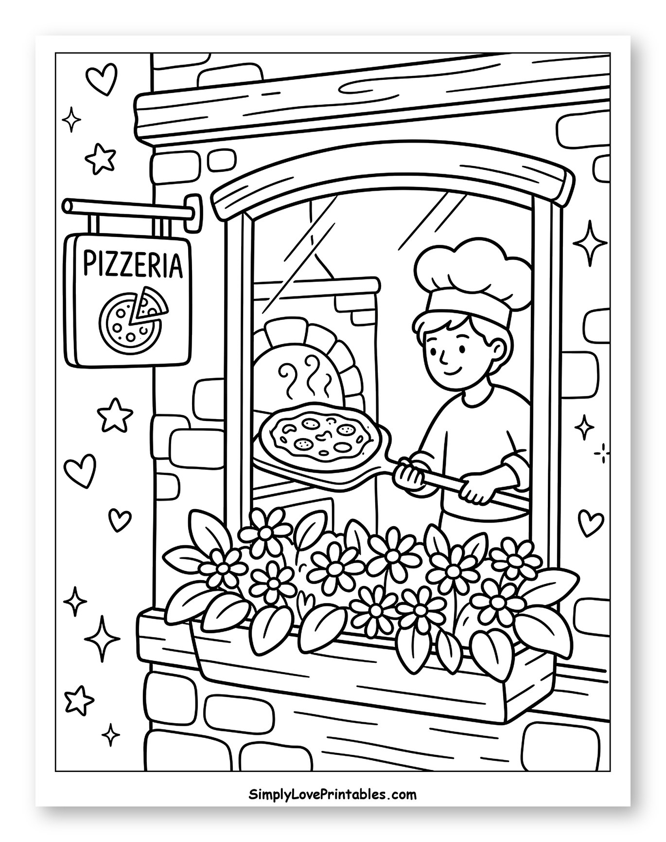 Chef Making Pizza in a Pizzeria Window Coloring Sheet for Adults