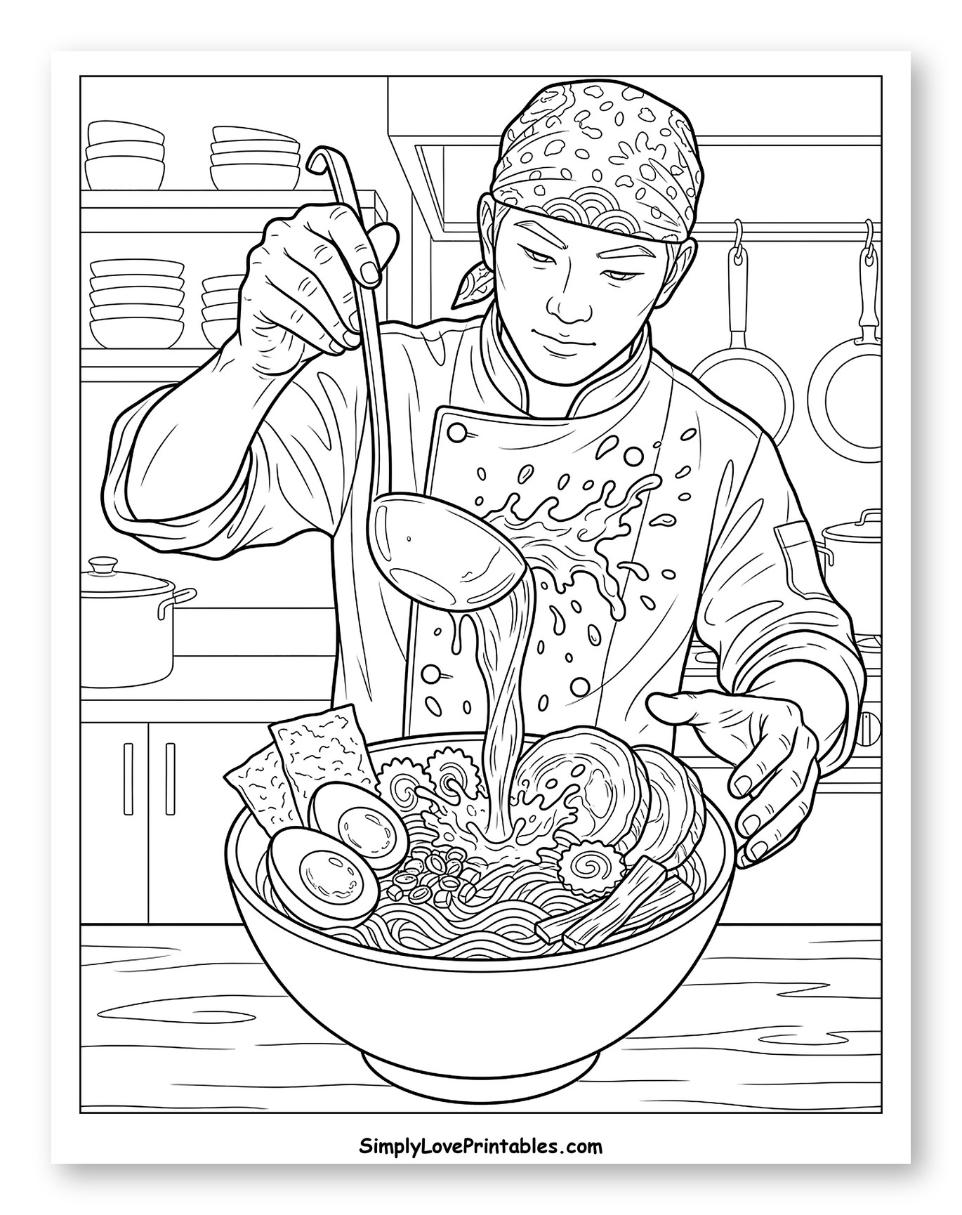 Chef Pouring Broth into Ramen Bowl Coloring Sheet