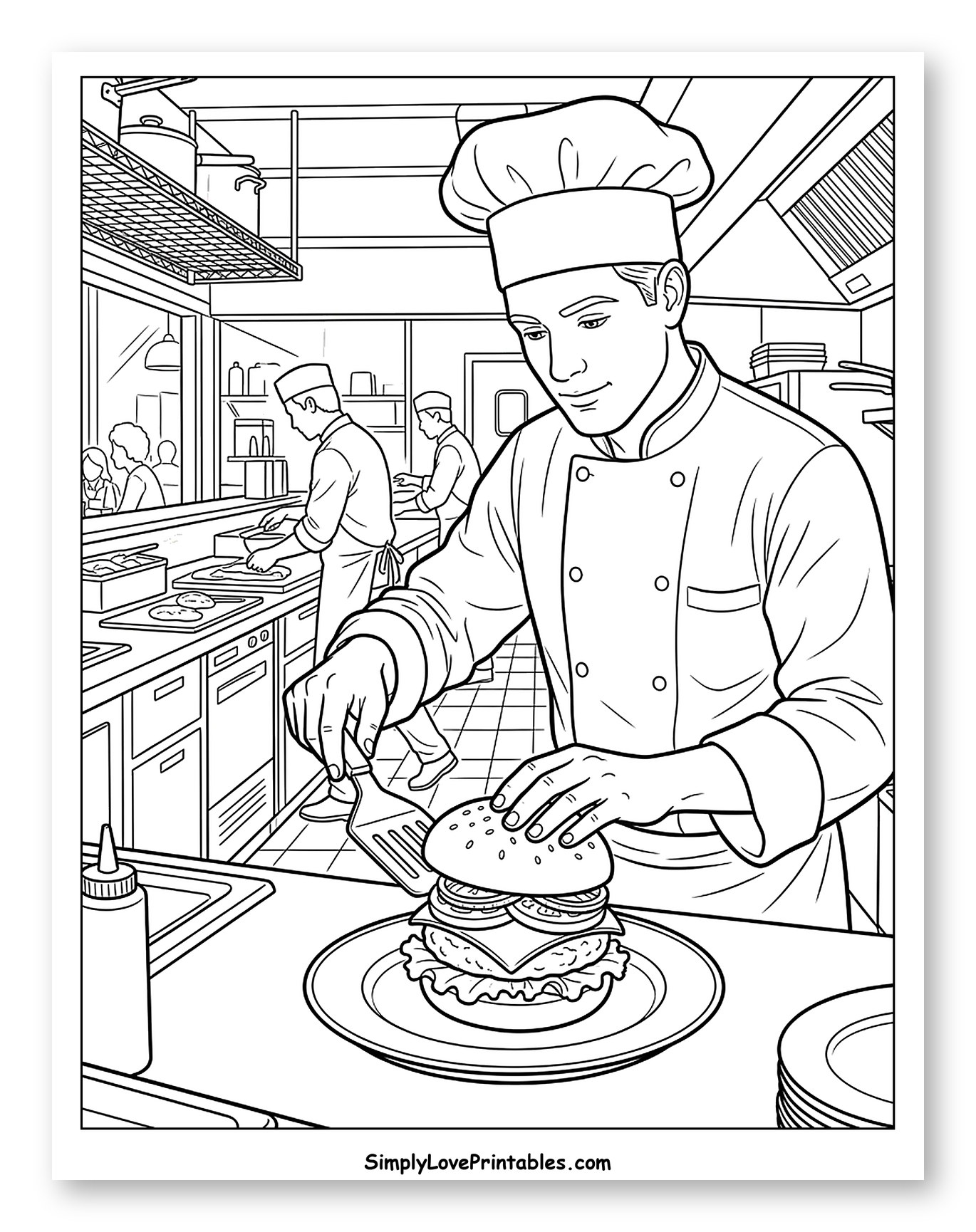 Chef Preparing a Delicious Burger in a Diner Kitchen Coloring Page