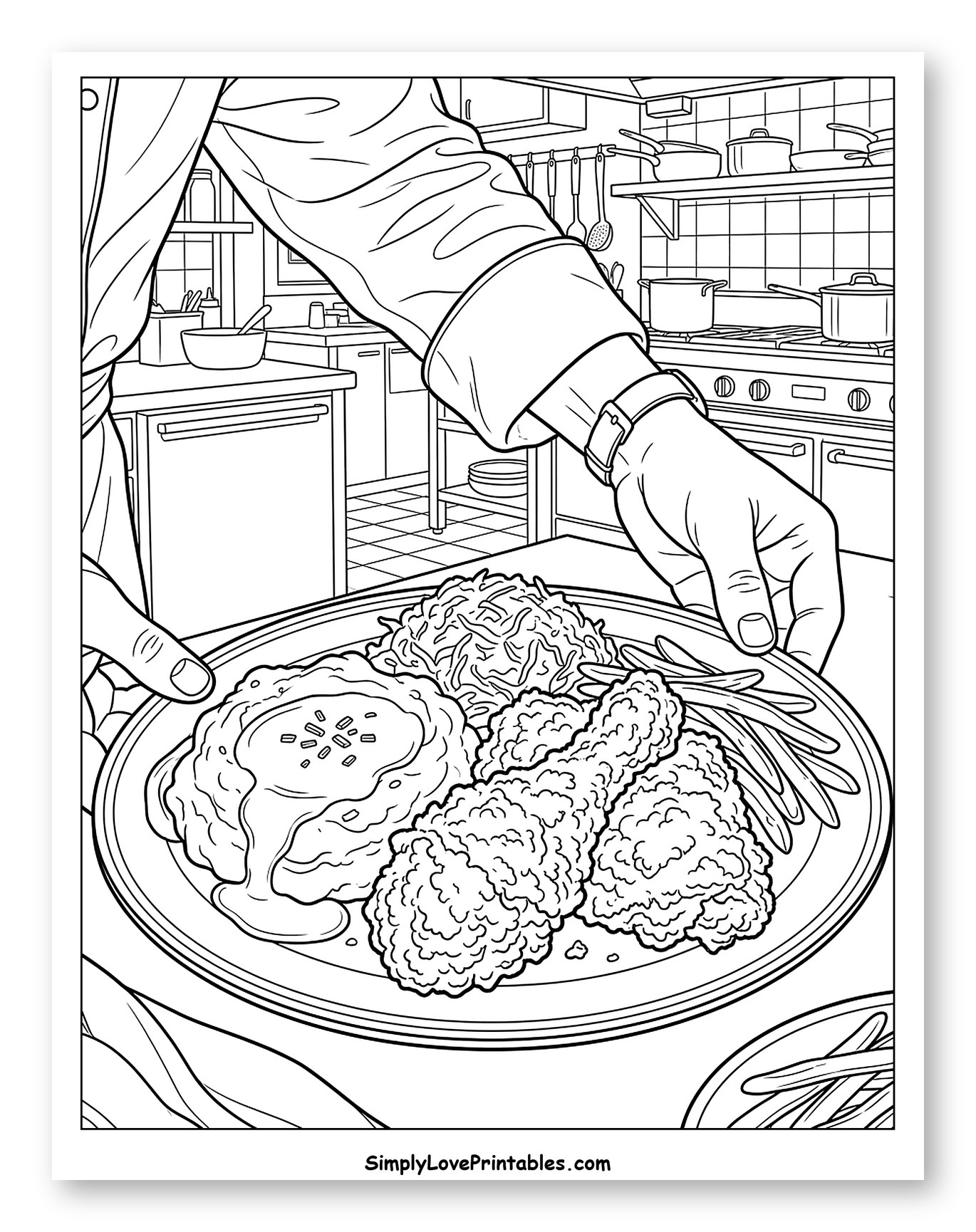 Chef Serving Fried Chicken Dinner Coloring Page