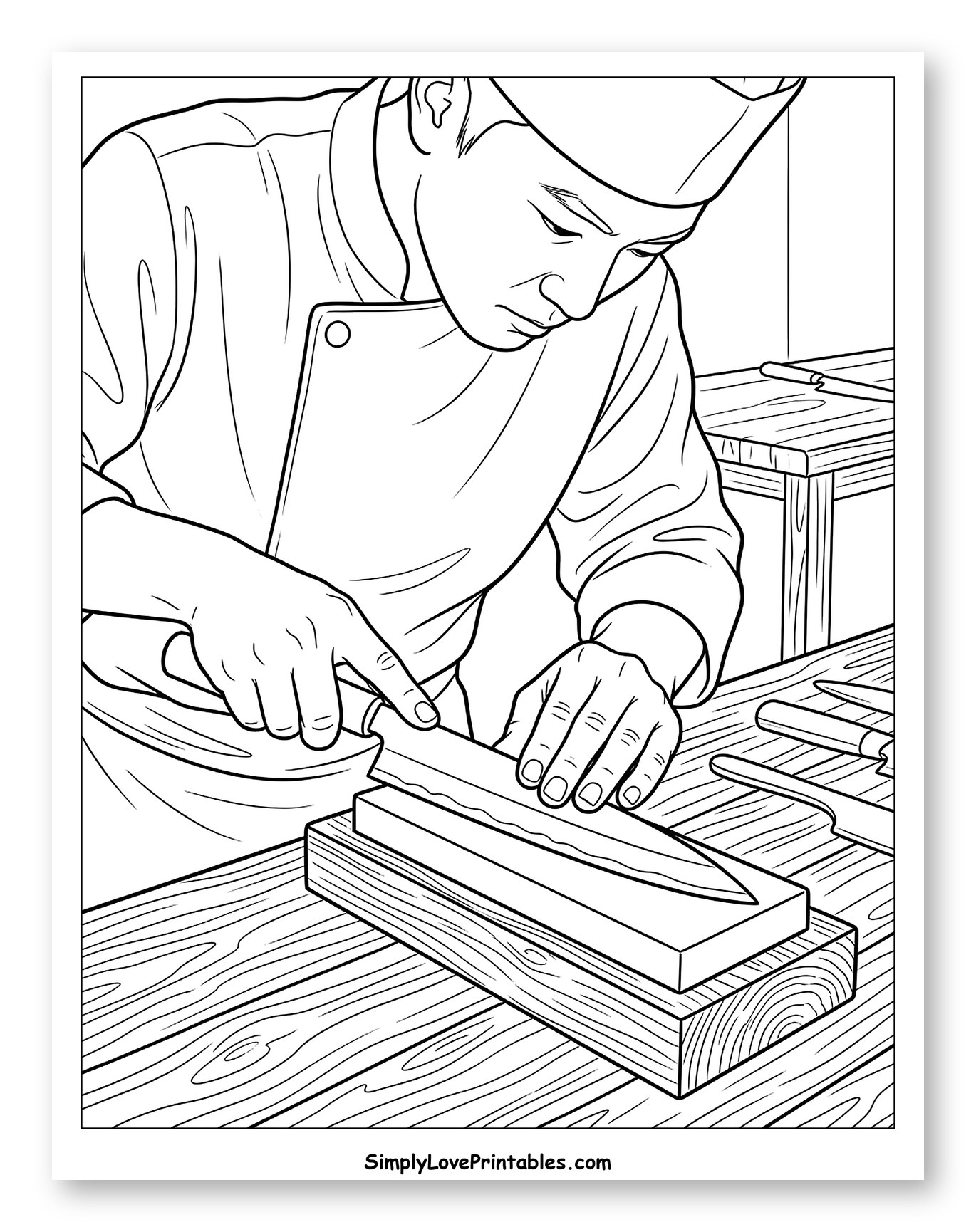 Chef Sharpening Knife on Whetstone Coloring Page
