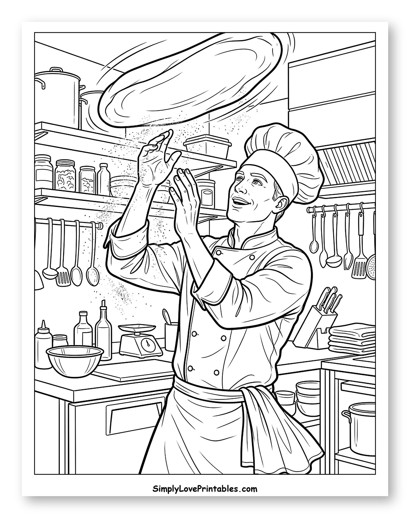Chef Tossing Pizza Dough in Kitchen