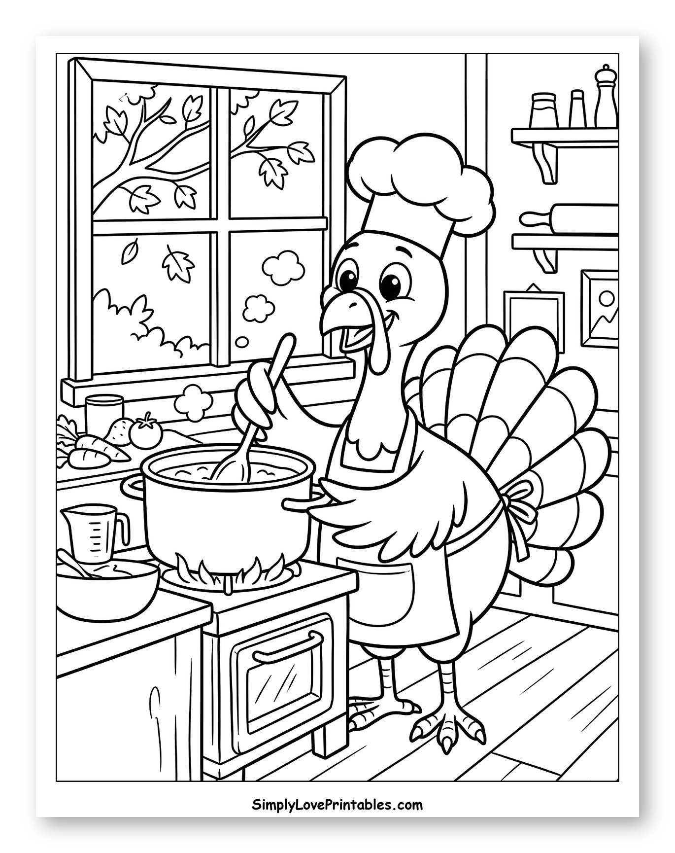Chef Turkey Cooking Thanksgiving Meal Coloring Page for Kids