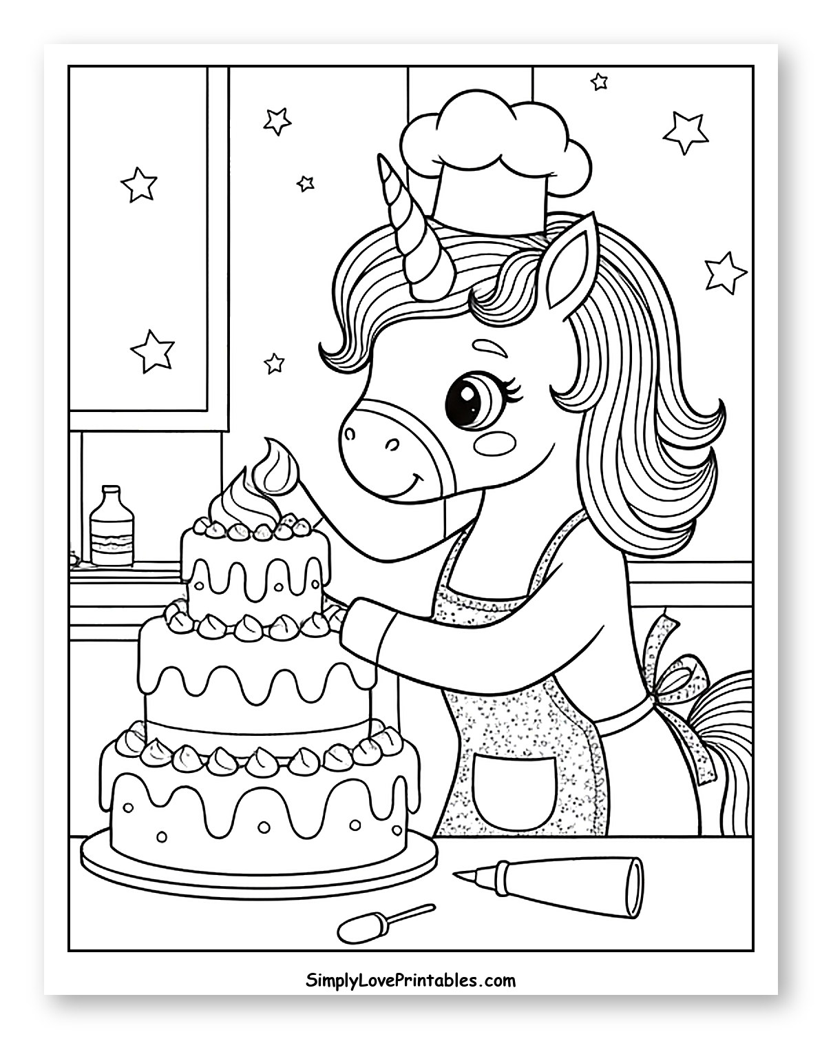 Chef Unicorn Decorating Tiered Cake with Icing to Color for Kids