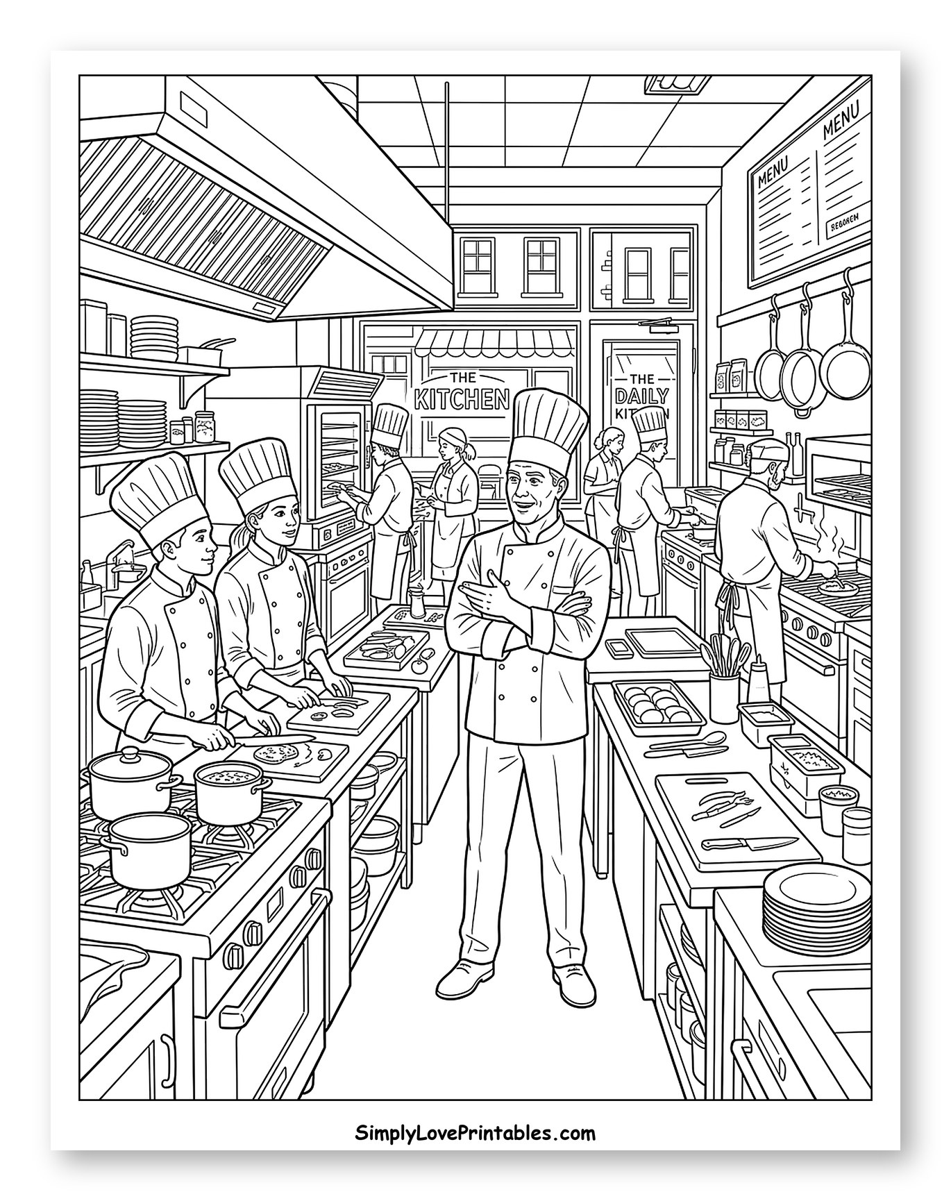 Chefs Preparing Food in a Busy Kitchen to Color