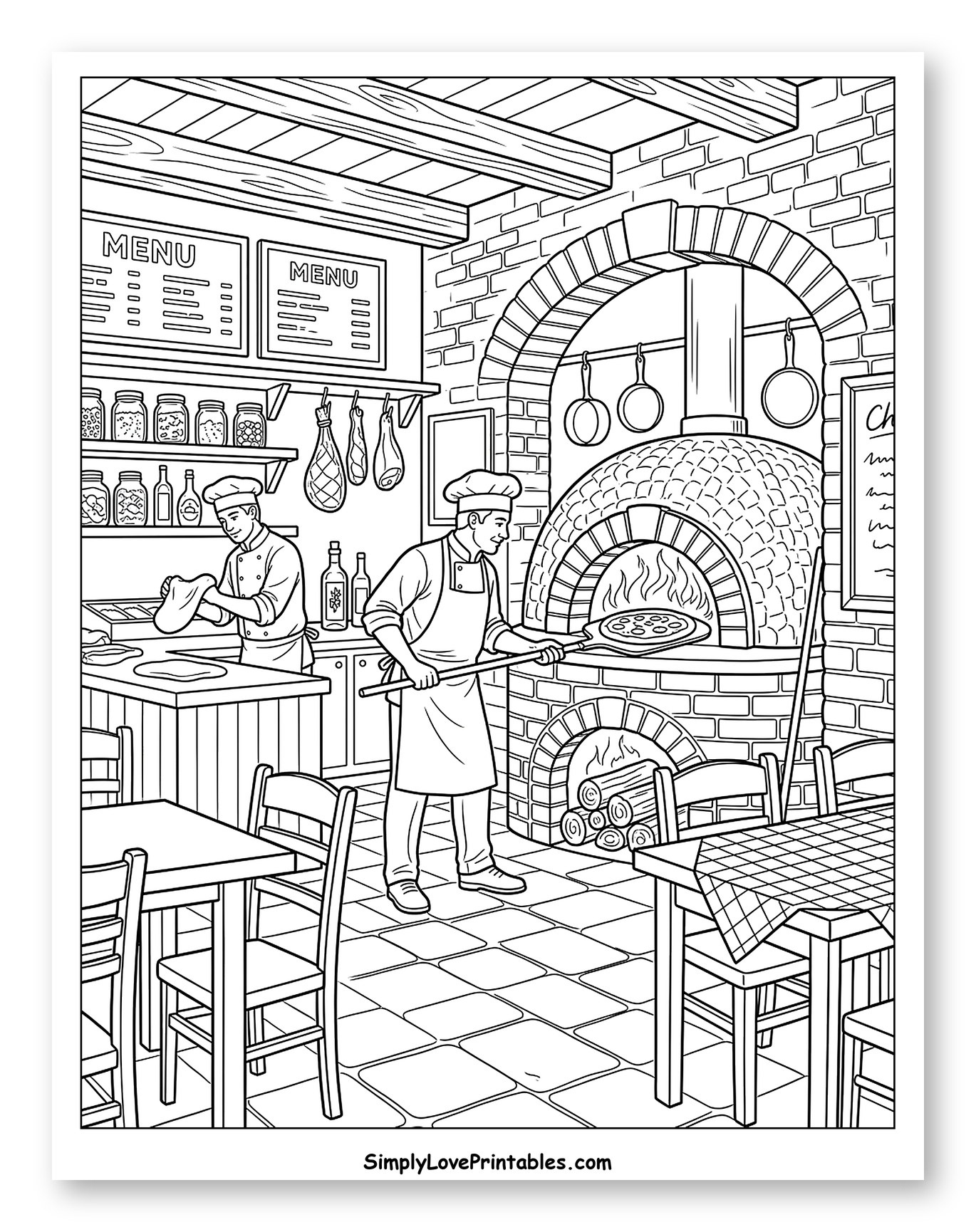 Chefs Preparing Pizza in a Traditional Restaurant to Color