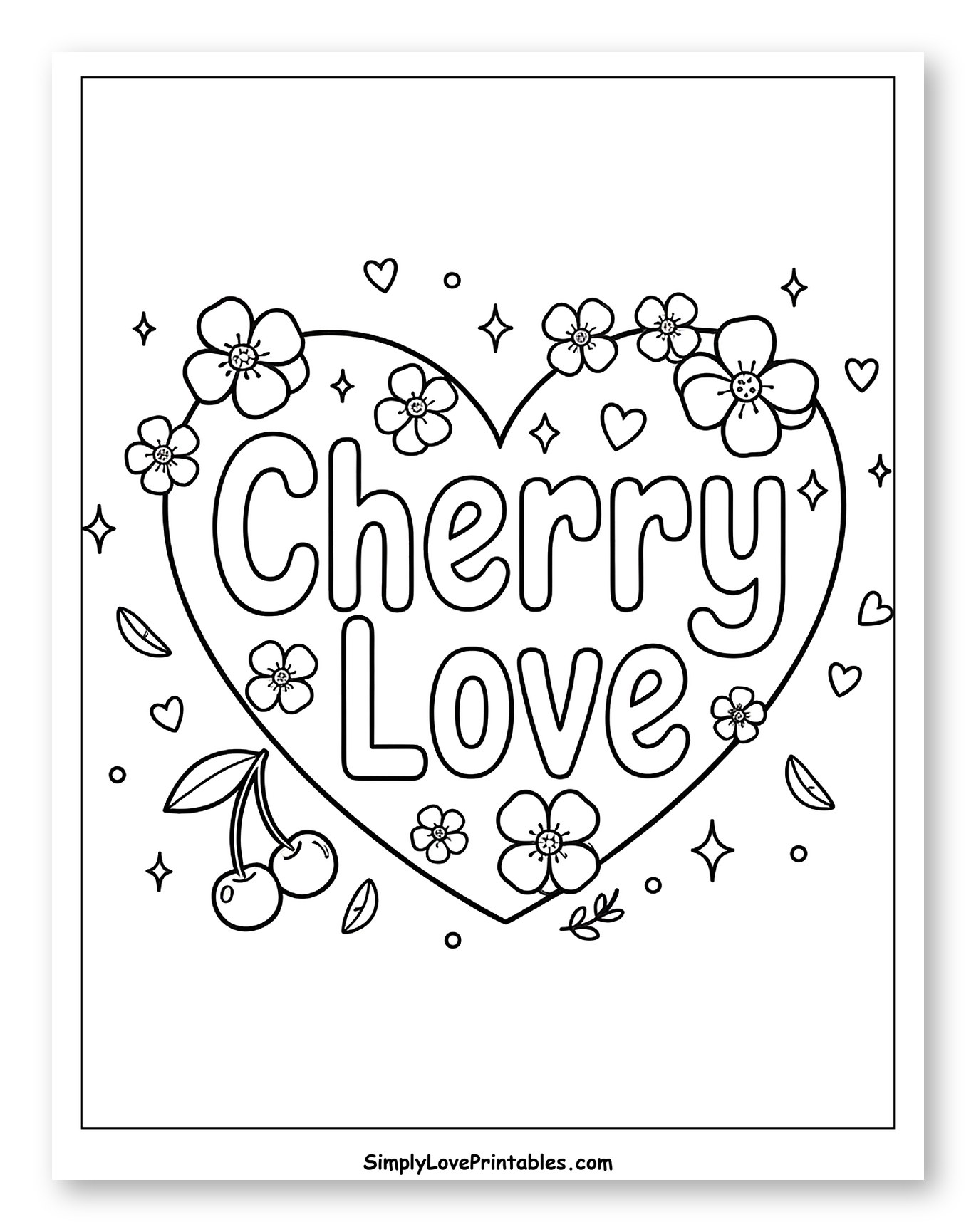 Cherry Love Heart with Flowers and Stars