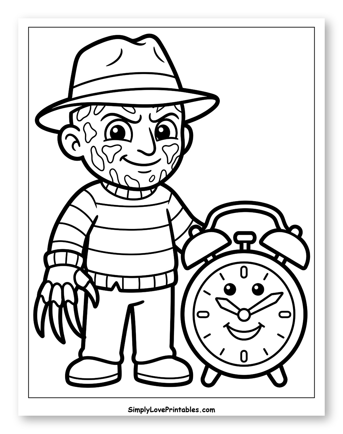 Chibi Freddy Krueger and Happy Alarm Clock to Color for Toddlers