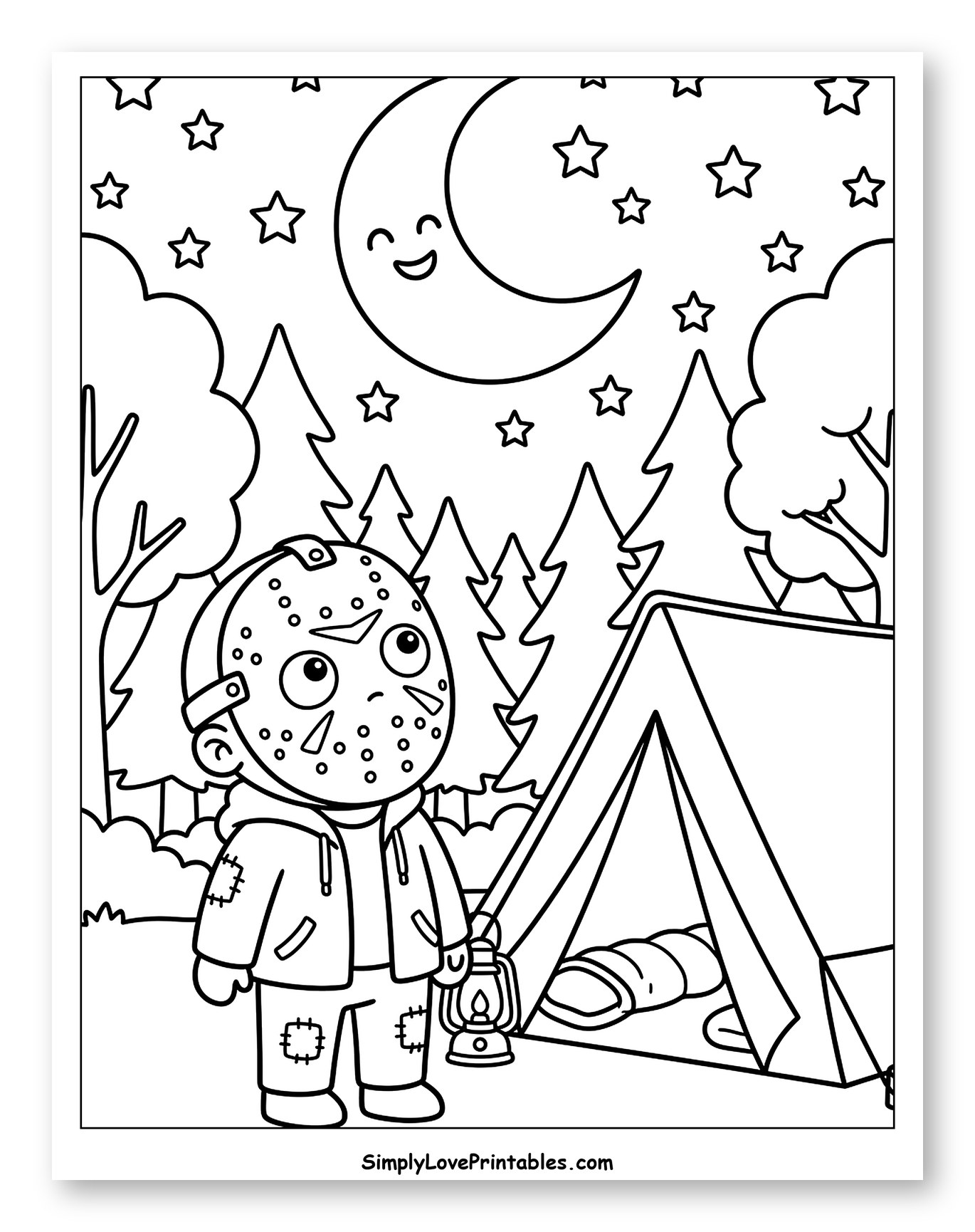 Chibi Jason Voorhees Camping Under Smiling Moon Coloring Page for Kids