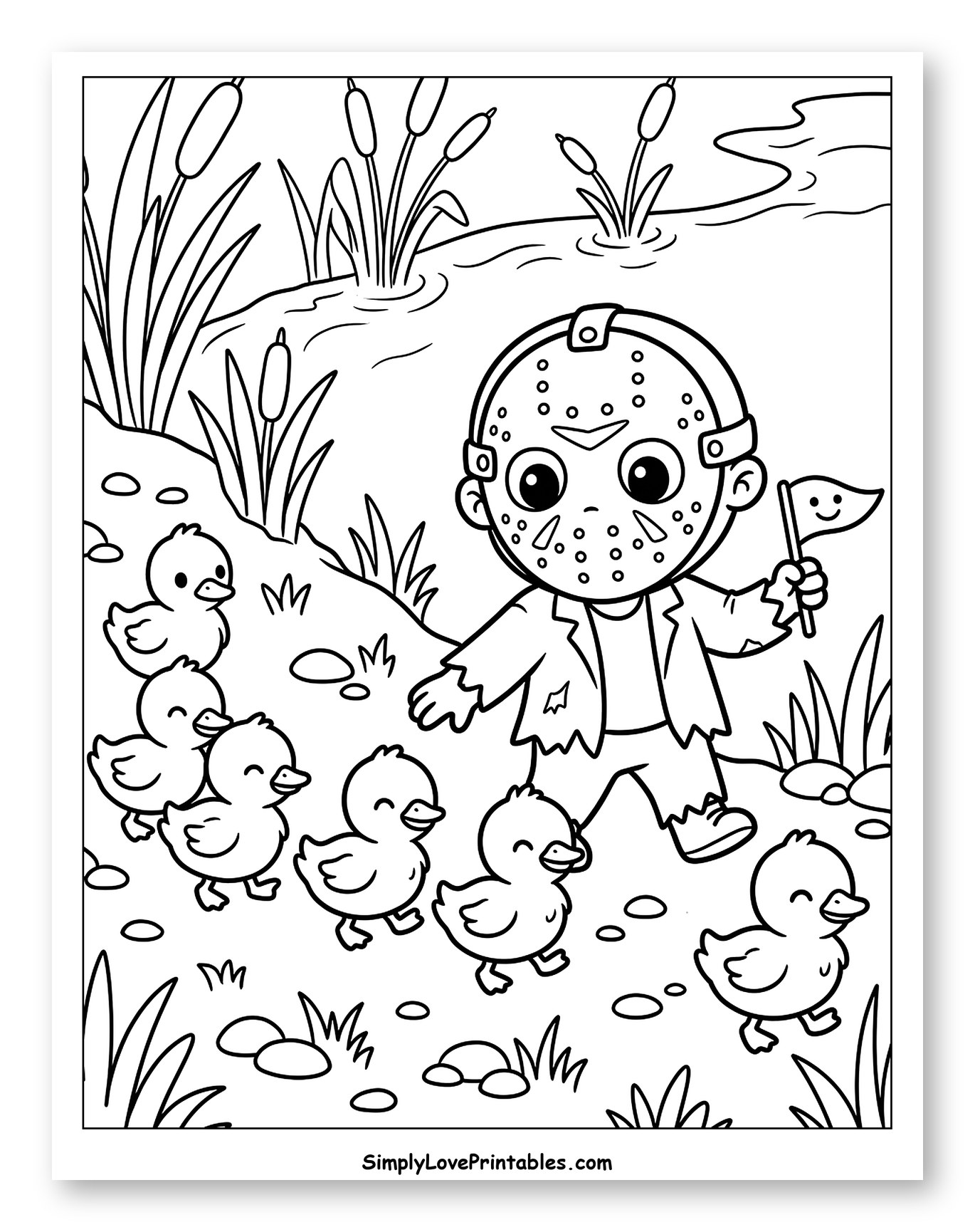 Chibi Jason Voorhees Leading Happy Ducklings to Color for Kids