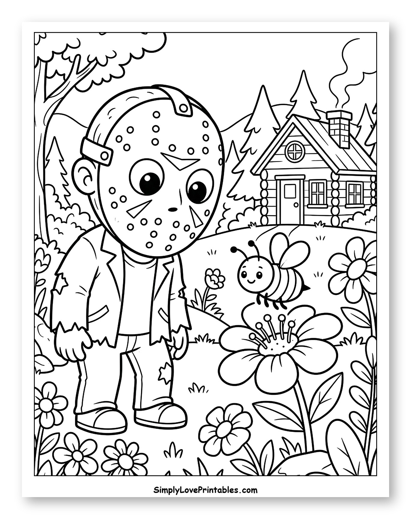 Chibi Jason Voorhees with a Friendly Bee Coloring Page for Kids
