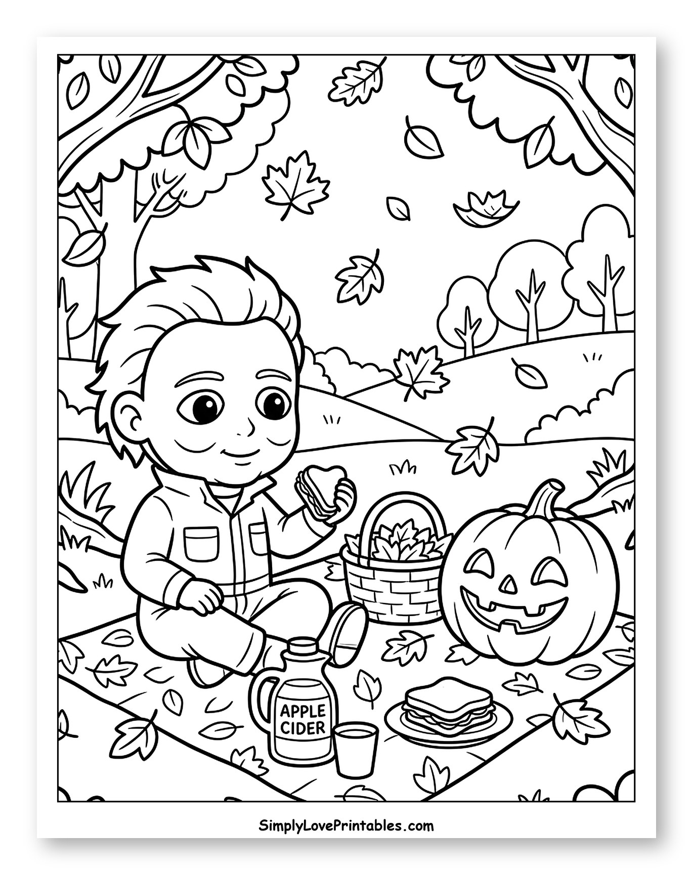 Chibi Michael Myers Autumn Picnic Coloring Page for Kids