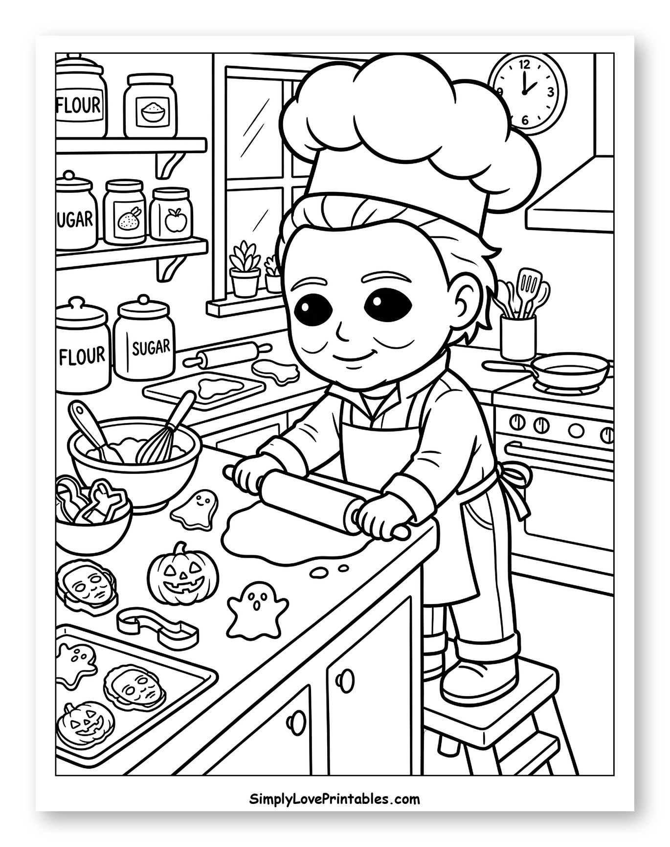 Chibi Michael Myers Baking Halloween Cookies to Color for Kids