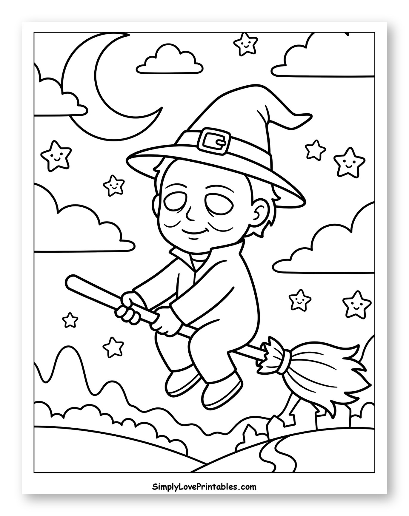 Chibi Michael Myers Flying on a Broomstick Coloring Sheet for Kids