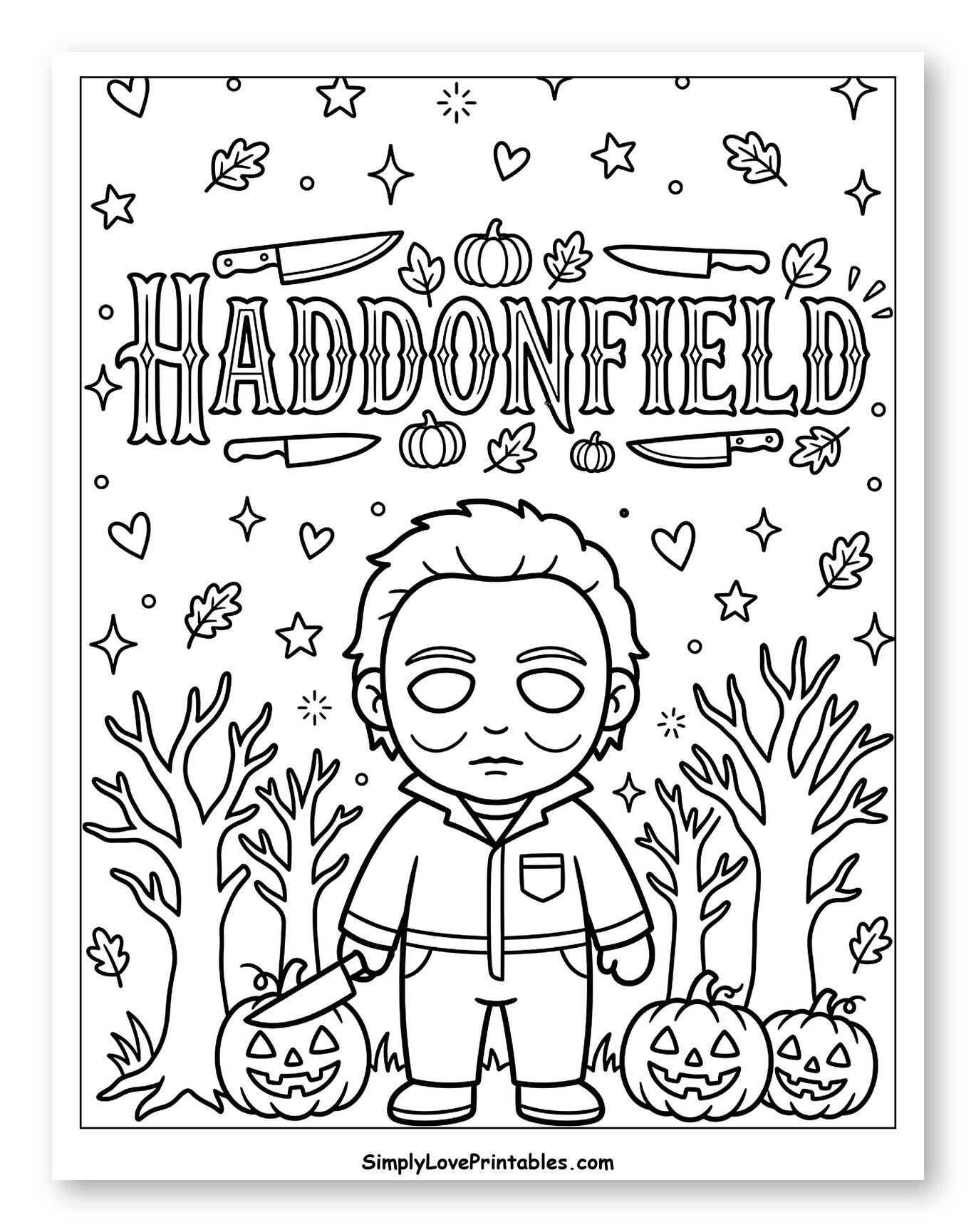 Chibi Michael Myers in Haddonfield with Pumpkins to Color for Adults