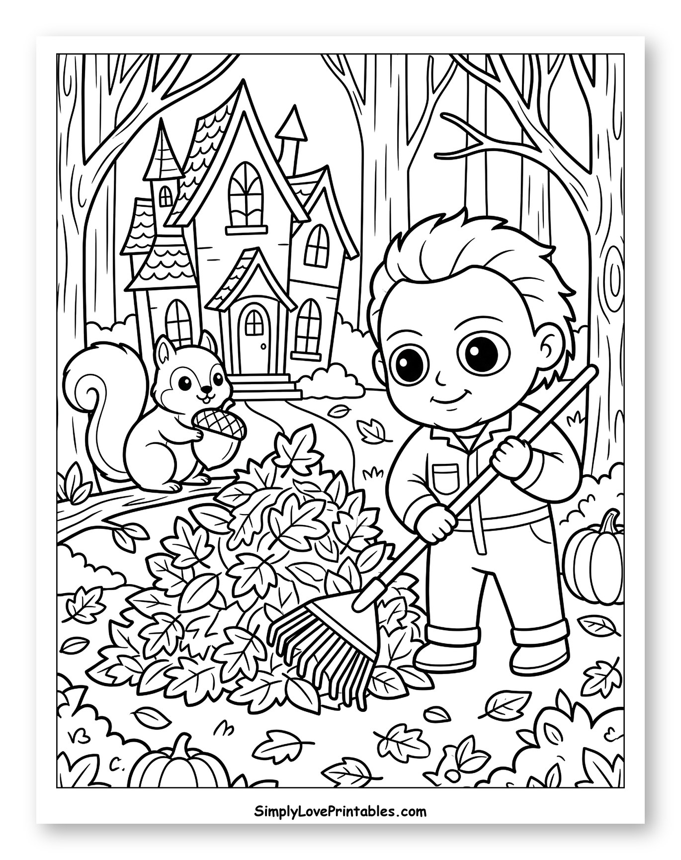 Chibi Michael Myers Raking Leaves in Autumn