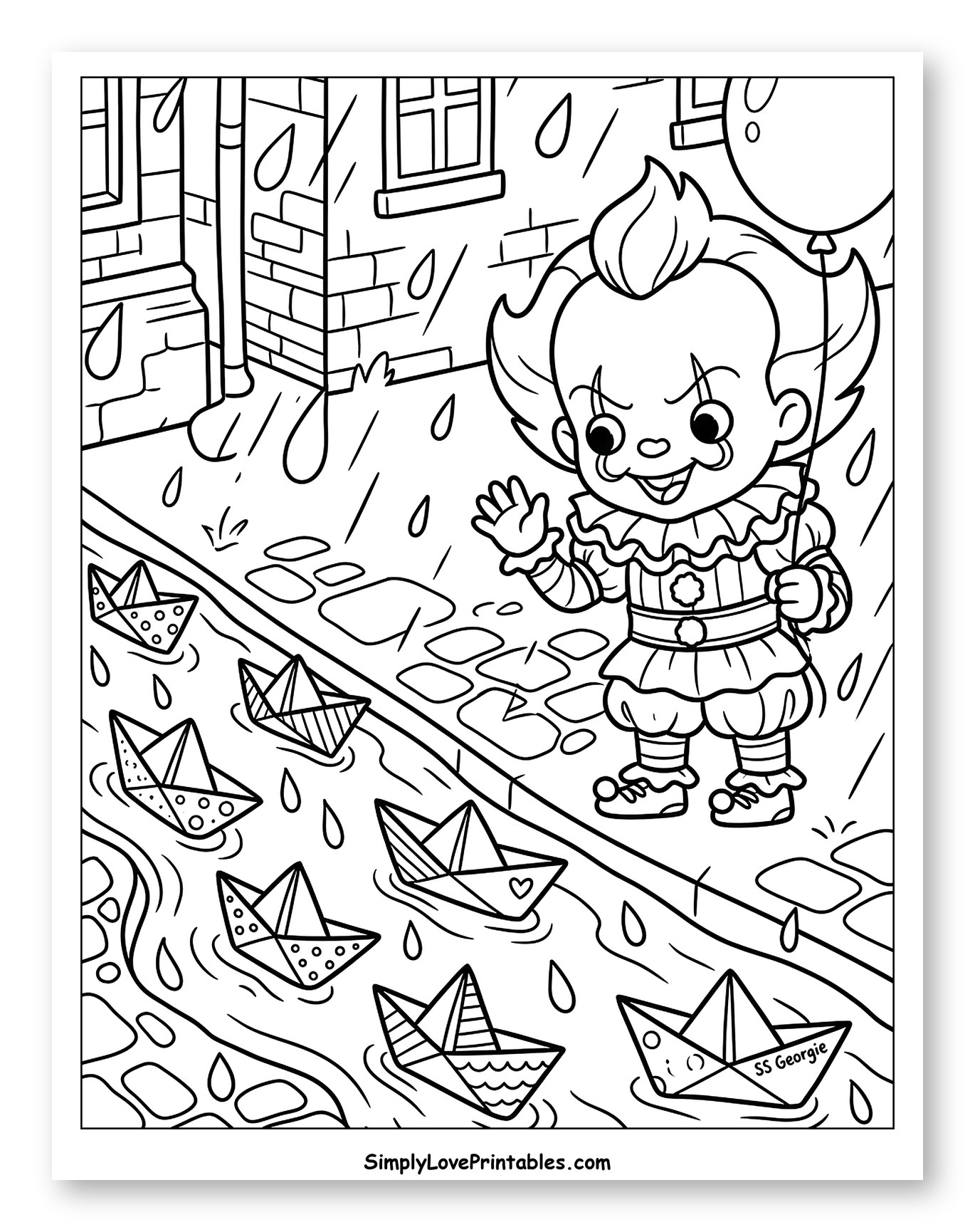 Chibi Pennywise in Rain with Paper Boats