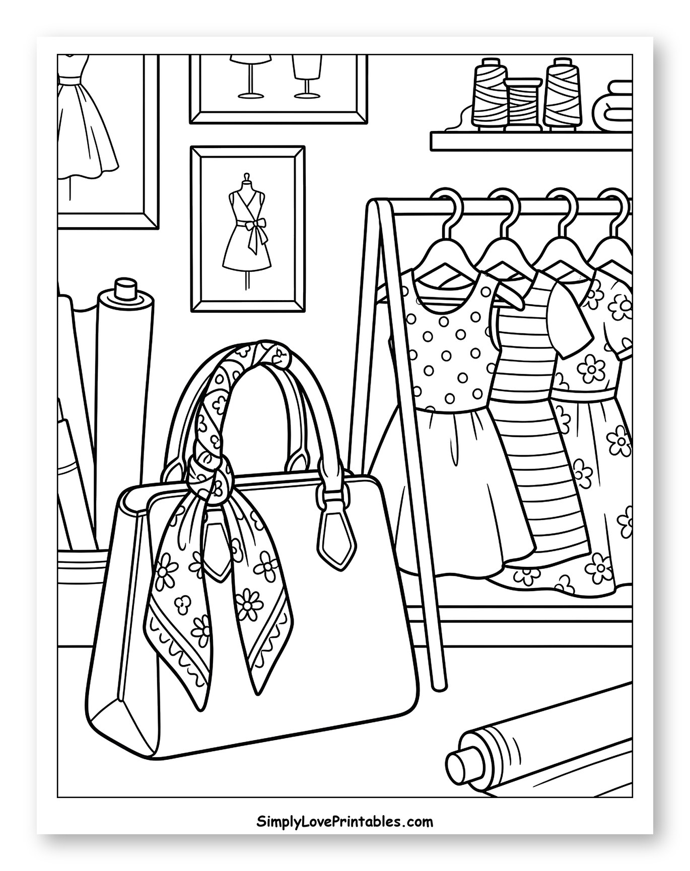 Chic Purse and Dresses in a Sewing Room