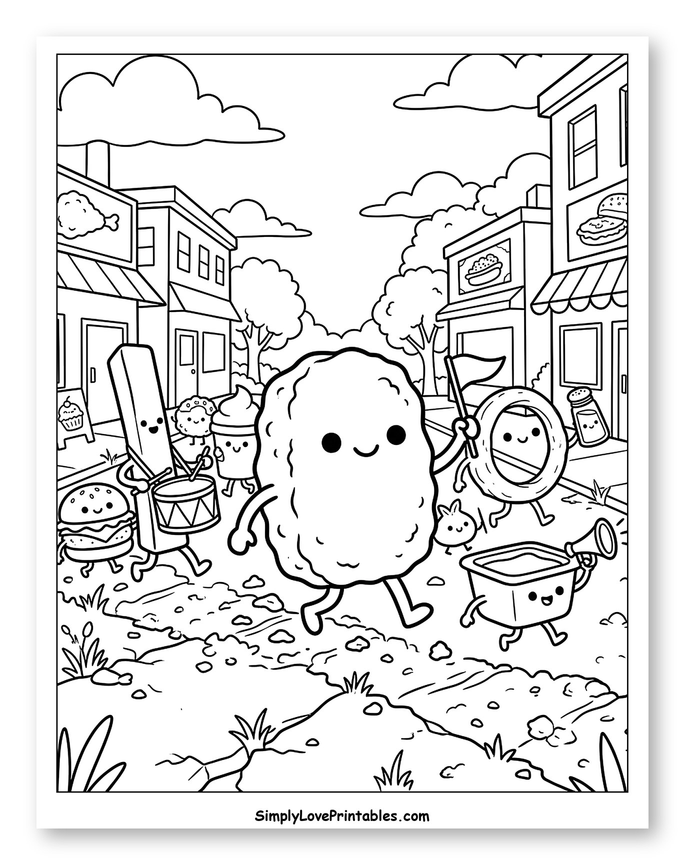 Chicken Nugget Leading a Food Parade to Color for Kids