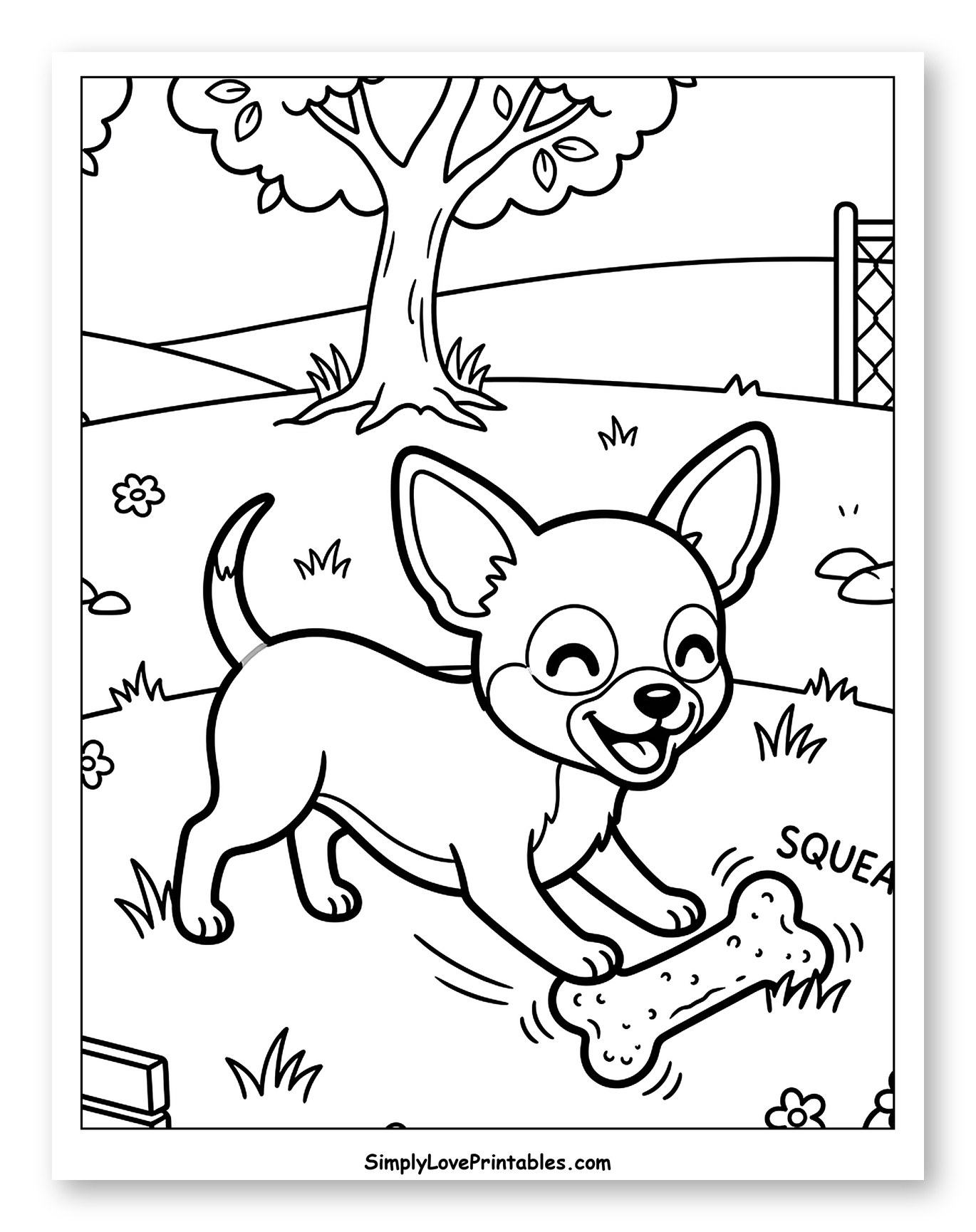 Chihuahua Playing with a Squeaky Bone in a Park Coloring Page for Kids