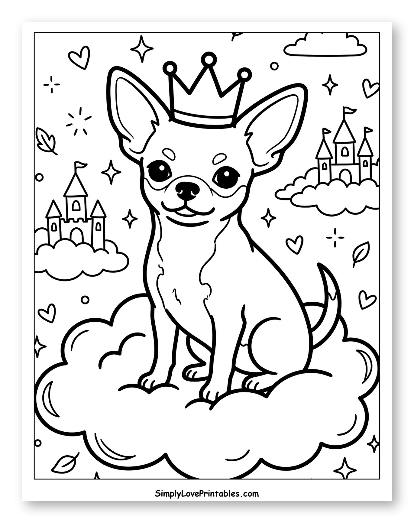 Chihuahua Princess on a Cloud with Floating Castles Coloring Page for Adults