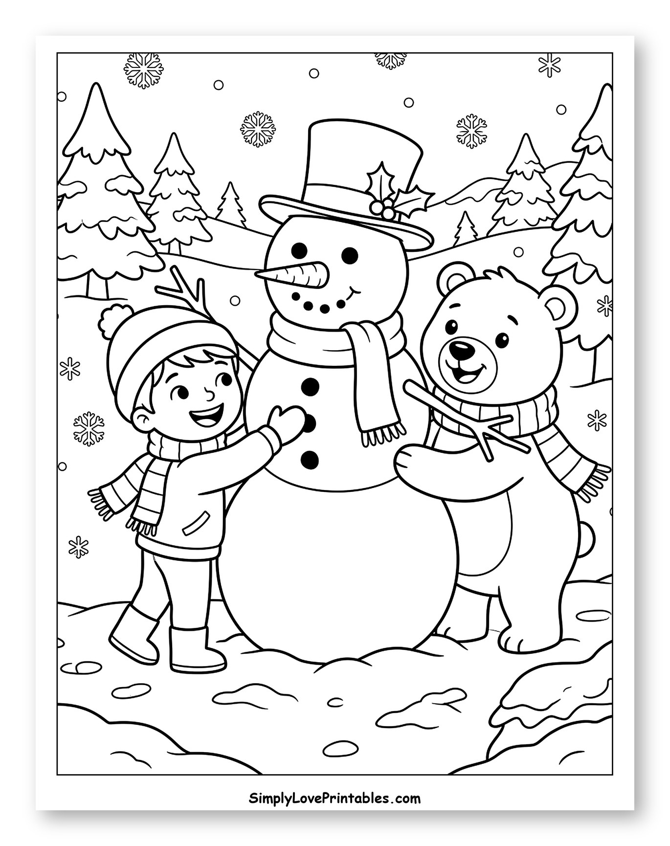 Child and Bear Friends Building a Snowman