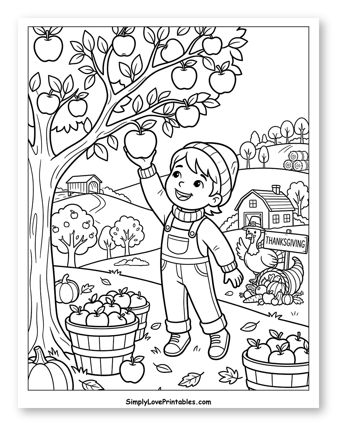 Child Apple Picking at Thanksgiving Farm Coloring Sheet for Kids