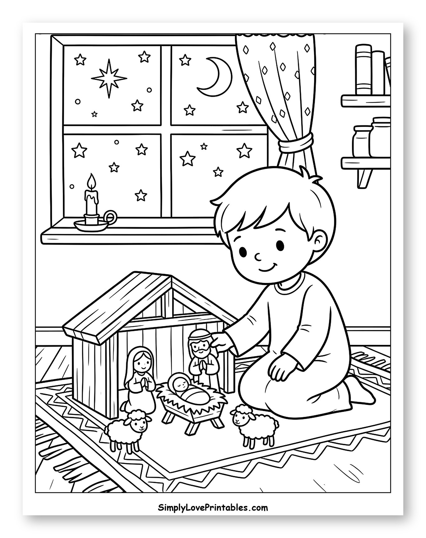 Child Assembling a Christmas Nativity Scene