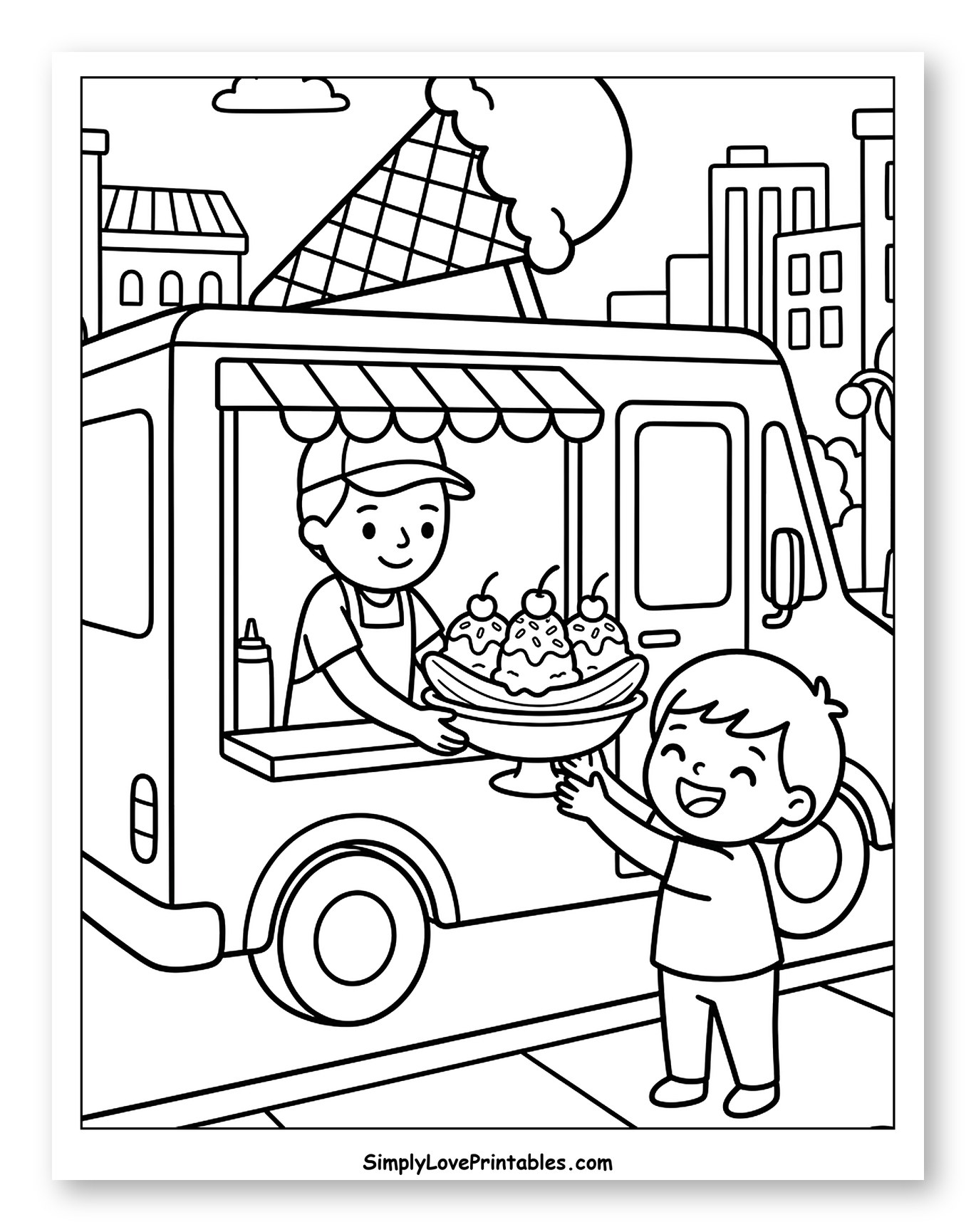 Child Getting Banana Split from Ice Cream Truck