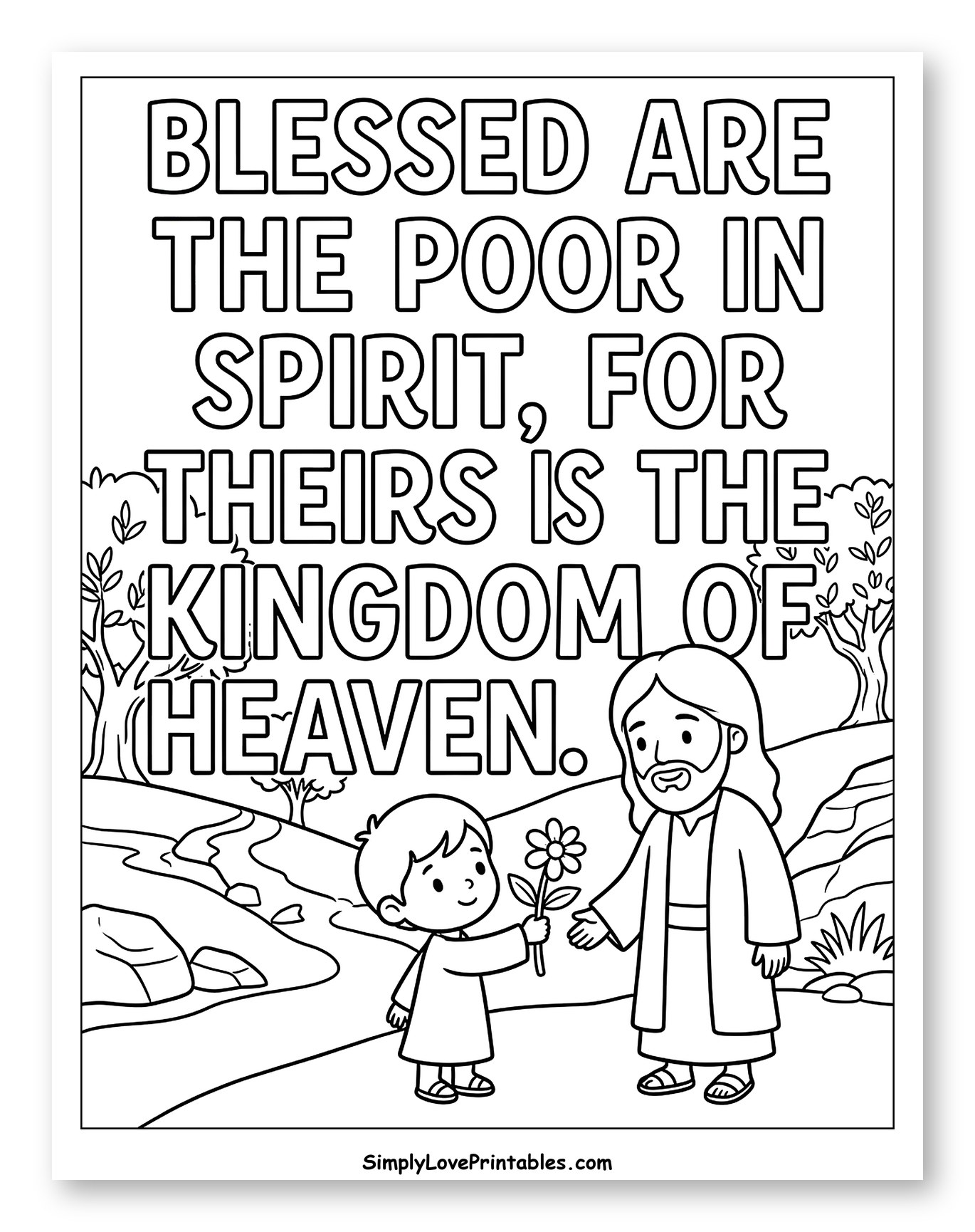 Child Giving Jesus a Flower and Beatitudes to Color for Kids