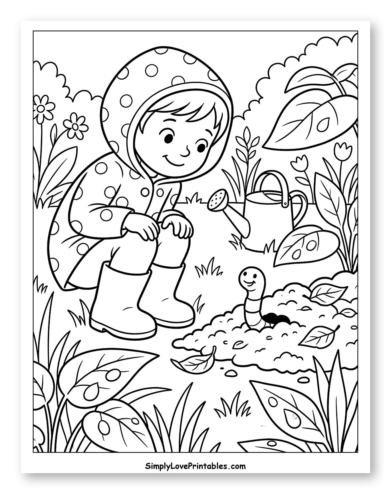 Child in Rain Jacket Looking at Worm