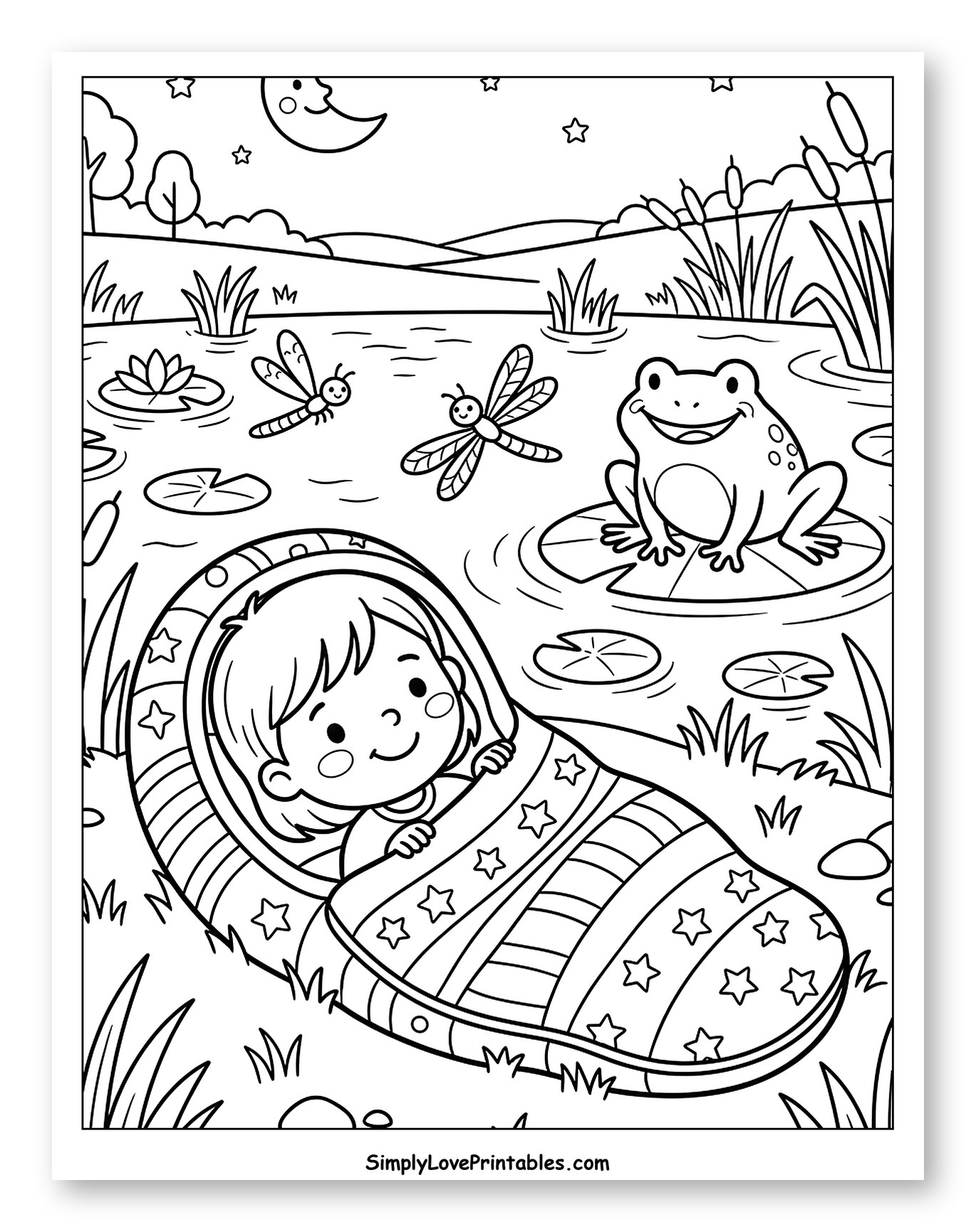 Child in Sleeping Bag Under Moonlight