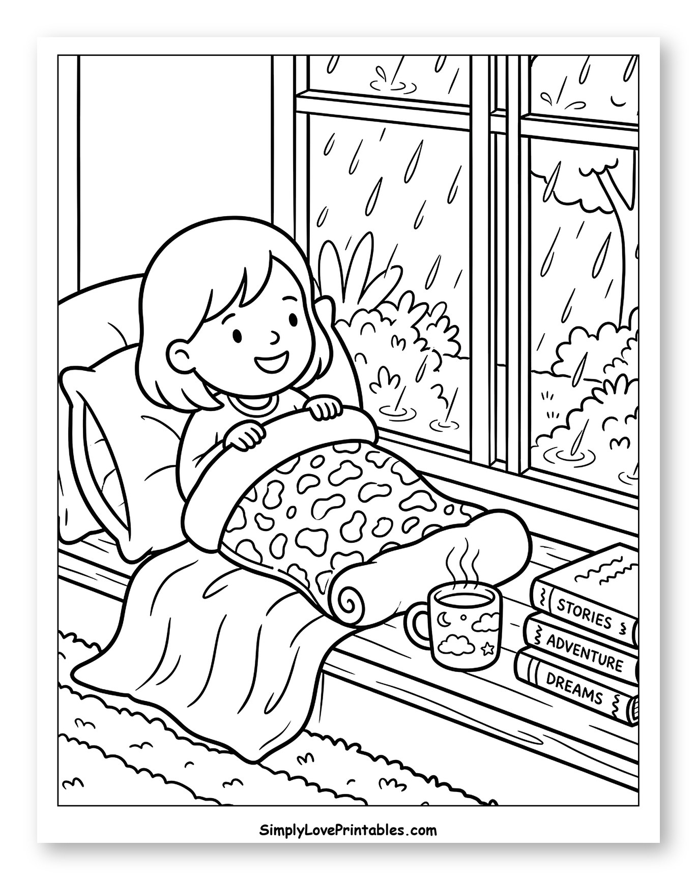 Child in Sleeping Bag Watching Rain Coloring Sheet for Kids