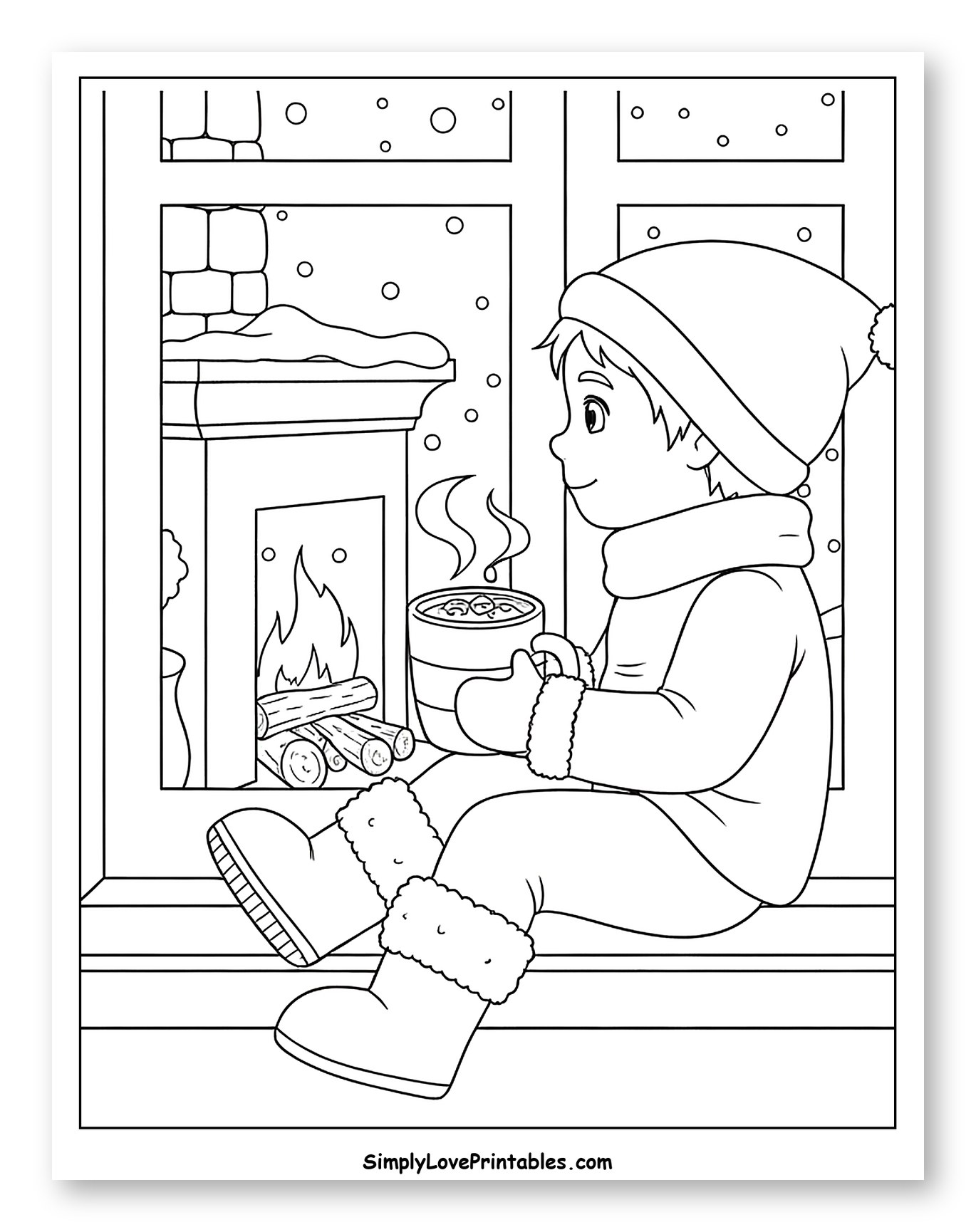 Child in Winter Boots by Snowy Window Coloring Sheet for Kids
