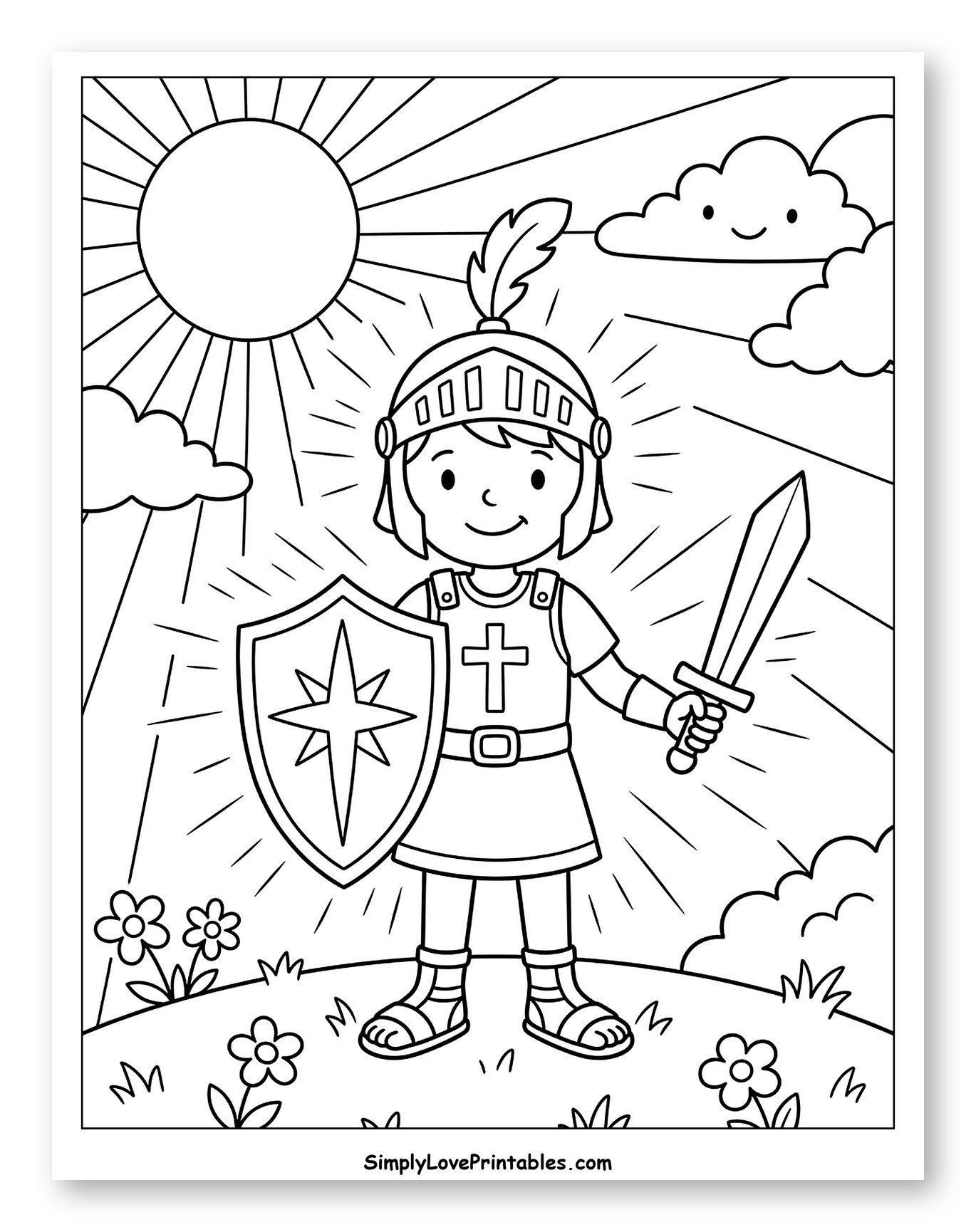Child Knight Holding Sword and Shield Coloring Page for Kids